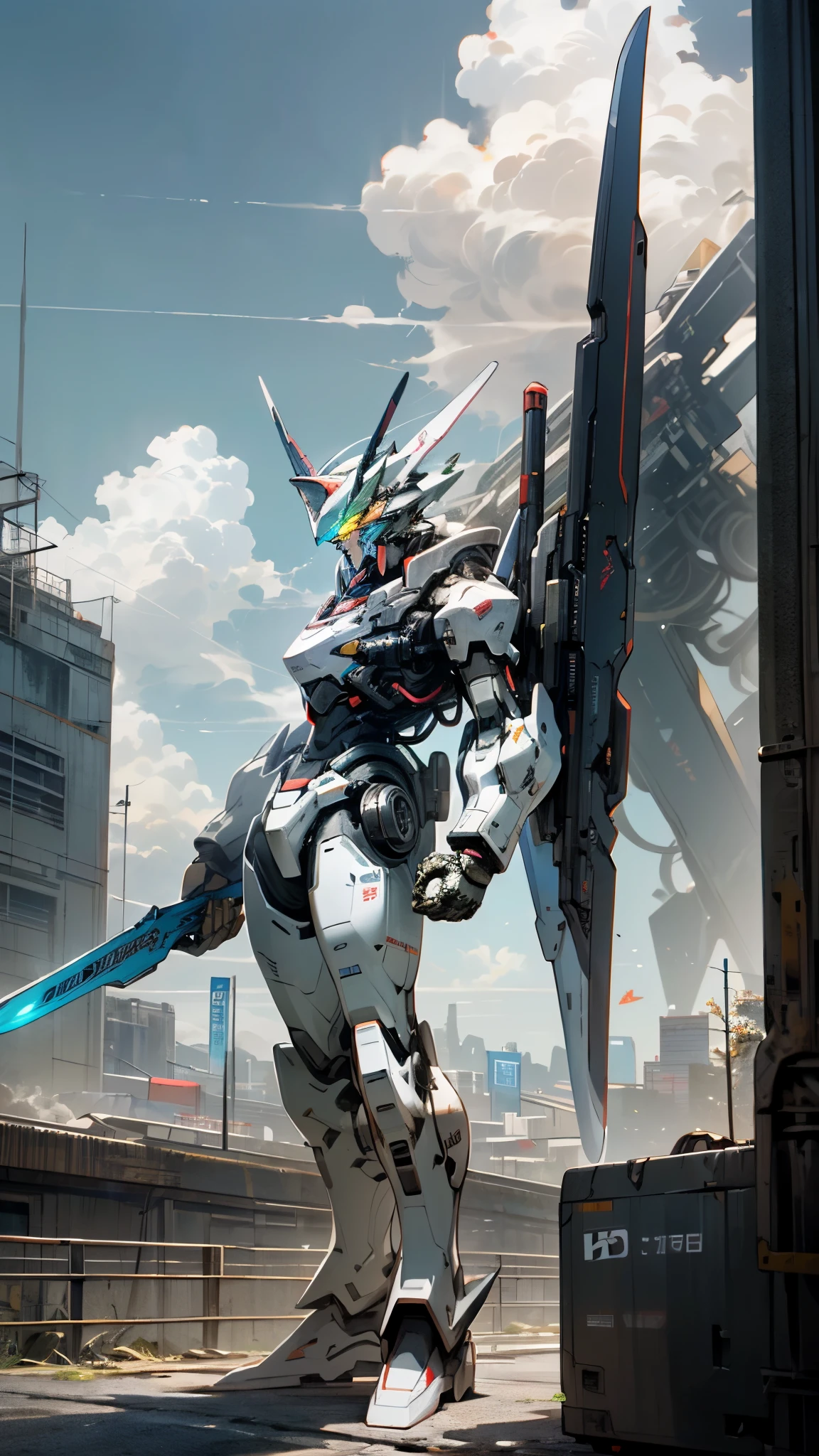 (UHD, retina, masterpiece, accurate, anatomically correct, textured skin, super detail, high details, high quality, best quality, high res, 1080P, HD, 4K, 8k, 16k), studio lighting, physically-based rendering, vivid colors, (glowing, robot, mecha, glowing_eyes, realistic_mecha, science_fiction), (sky, cloud, city, building, no_humans), (holding_weapon, front_view:1.5), white & lime green,