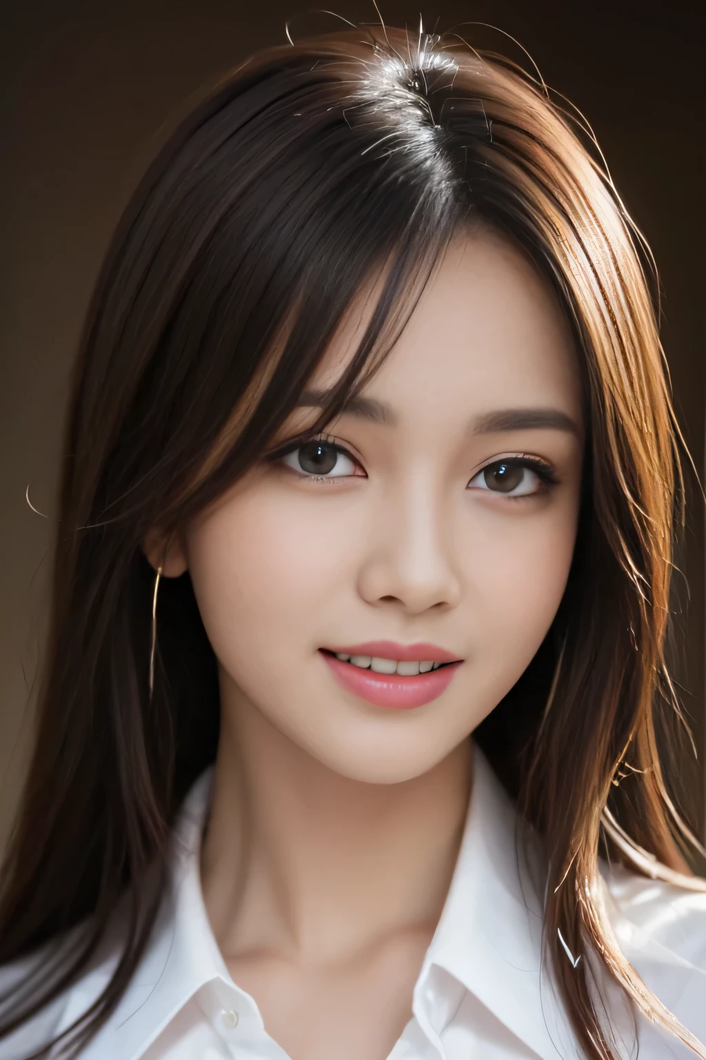 pieces fly, highest quality, realistic, Super detailed, finely, High resolution, 8K Dende Wallpaper, 1 beautiful woman,, light brown messy hair, wearing a business suit, sharp focus, perfect dynamic composition, beautiful and detailed eyes, fine hair, Detailed realistic skin texture, smile, close-up portrait, model body shape