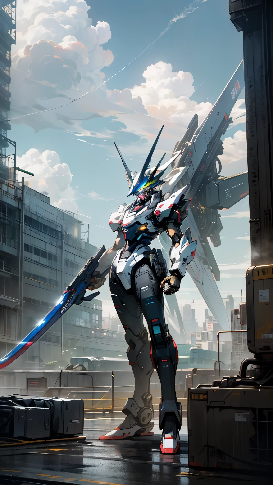 (UHD, retina, masterpiece, accurate, anatomically correct, textured skin, super detail, high details, high quality, best quality, high res, 1080P, HD, 4K, 8k, 16k), studio lighting, physically-based rendering, vivid colors, (glowing, robot, mecha, glowing_eyes, realistic_mecha, science_fiction), (sky, cloud, city, building, no_humans), (holding_weapon, front_view:1.5), white & lime green,