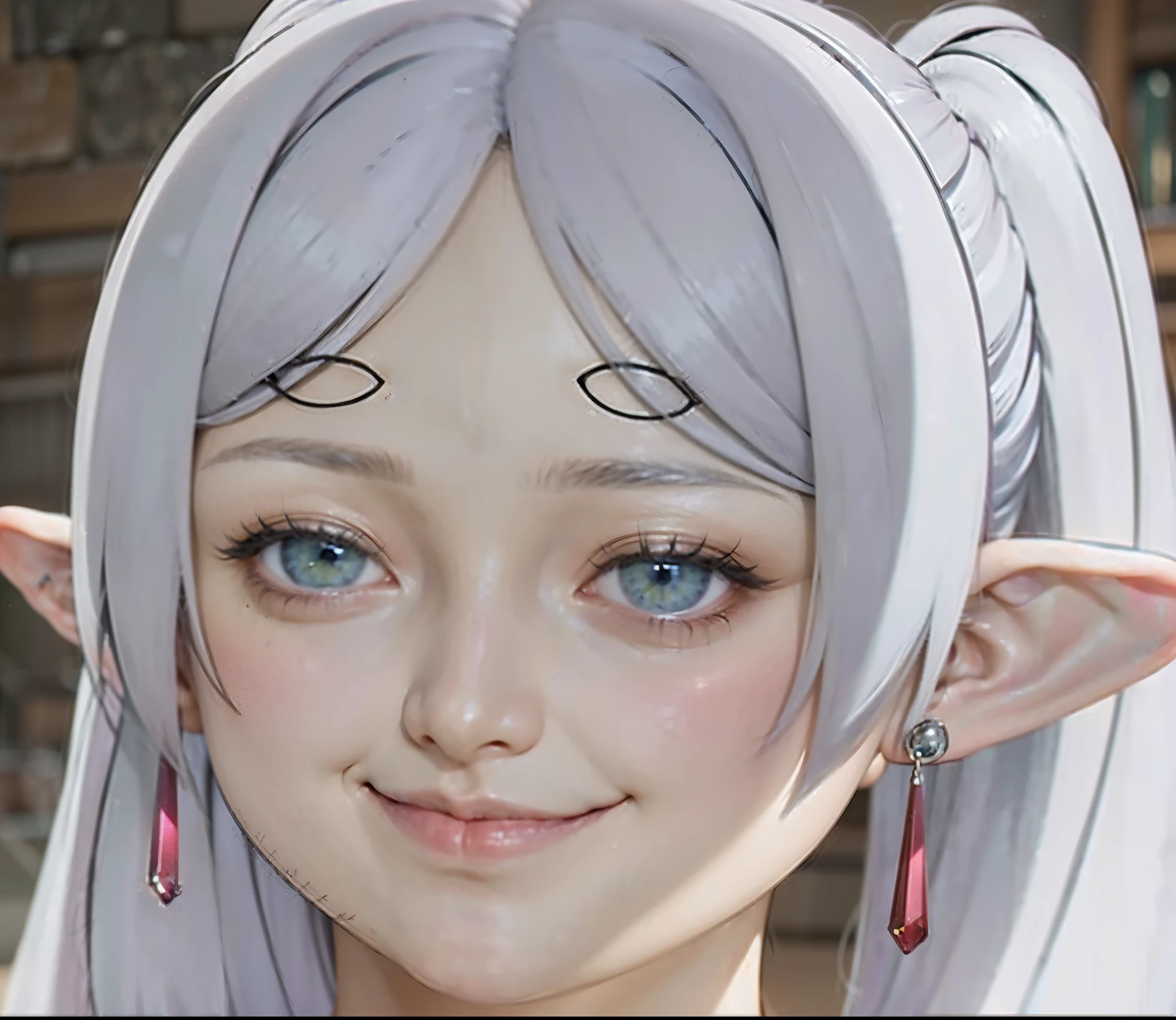 (Smirk:1.6),25 years old、Adult woman:1.1、green eyes:1.2、purple bottle、white clothes、silver eyebrows:1.3、high elf:1.2、elf ears、beautiful ears、silver hair:1.2、short eyebrows、twin tails、red earrings:1.2、detailed hair、movie writing、(best quality, 8K, 32K, muste piece, ticker:1.2)