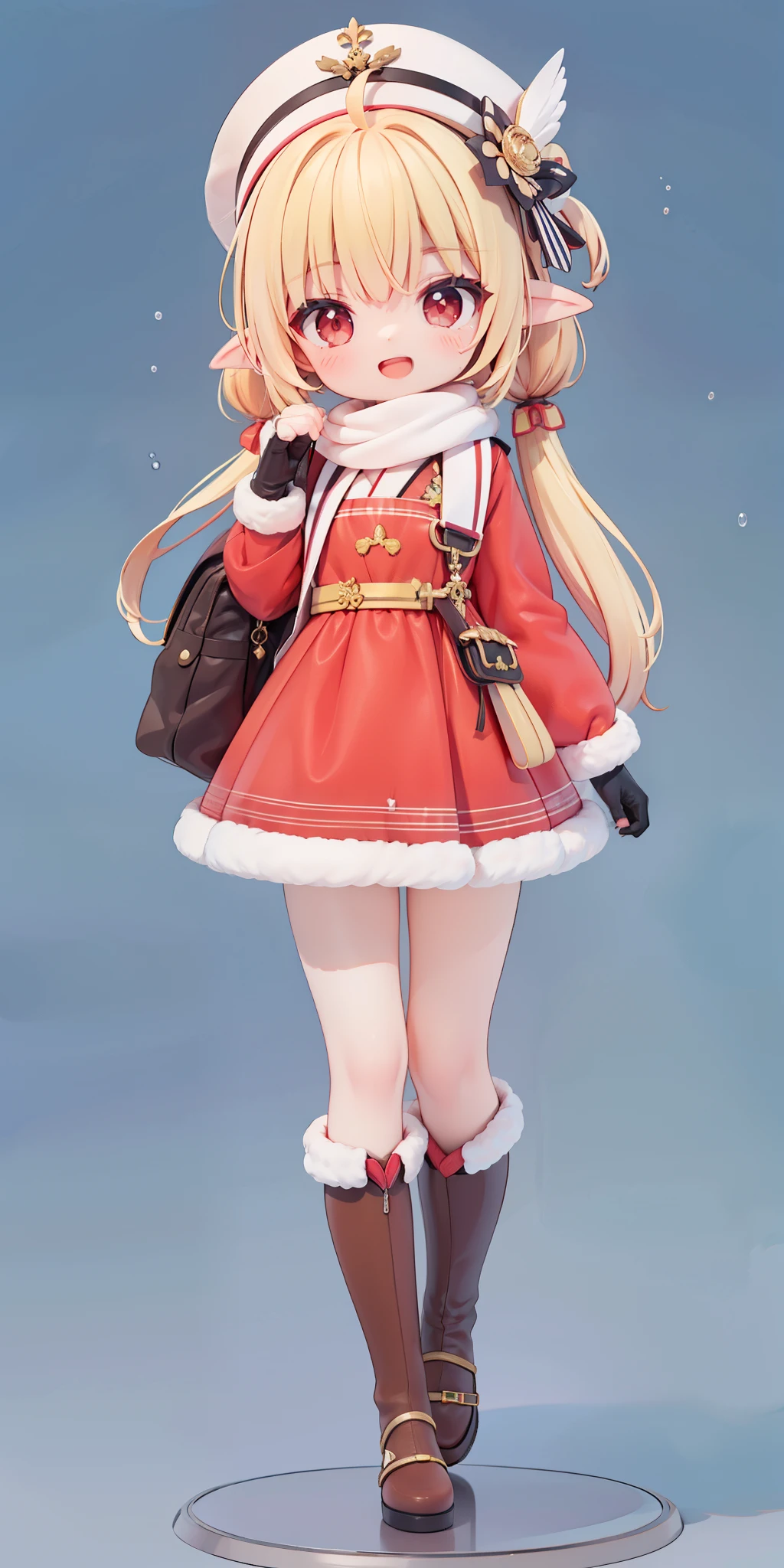 Full body photo,Extremely detailed CG unified 8K wallpaper, very fine 8KCG wallpaper, absurderes,Lori ,Best quality ,ultra - detailed ,Beautiful face ,tmasterpiece、tmasterpiece, top-quality, 1girl in, The girl stood up、masutepiece, Best quality, 1girl in, blasts, Clover (genshinimpact), Hat, Solo, Long boots, mitts, red headgear, Smile, Open mouth, Backpack, bag, view the viewer, Arms spread wide, double tails, dress, Long hair, hat feather, brownfootwear, Long sleeves, Red dress, kneeboots, bangs, ahoge, pointy ears, Red eyes, :D, Blonde hair, cabbie hat, Sox, Low Twin Tails, hair between eye, kneehigh, feater, brown gauntlets, Dodor (genshinimpact), White feathers, Upper teeth only, tusks, side locks, A school bag, Scarf,3Drenderingof,oc rendered,Bubble Matt,a blind box toy