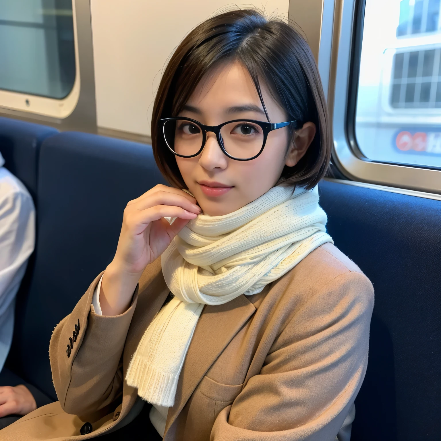 Best-quality, Masterpiece, Ultra-High-Resolution, (Photorealistic:1.4), Raw-Photo, 1girl, the most famous Japanese actress, sitting on seat of train, business-suit, trench-coat, knitted-scarf, stylish-glasses, extremely beautiful face like a most popular Japanese actress, extremely beautiful solid-circle-eyes, extremely beautiful big-black-eyes, extremely beautiful black-short-cut-haired