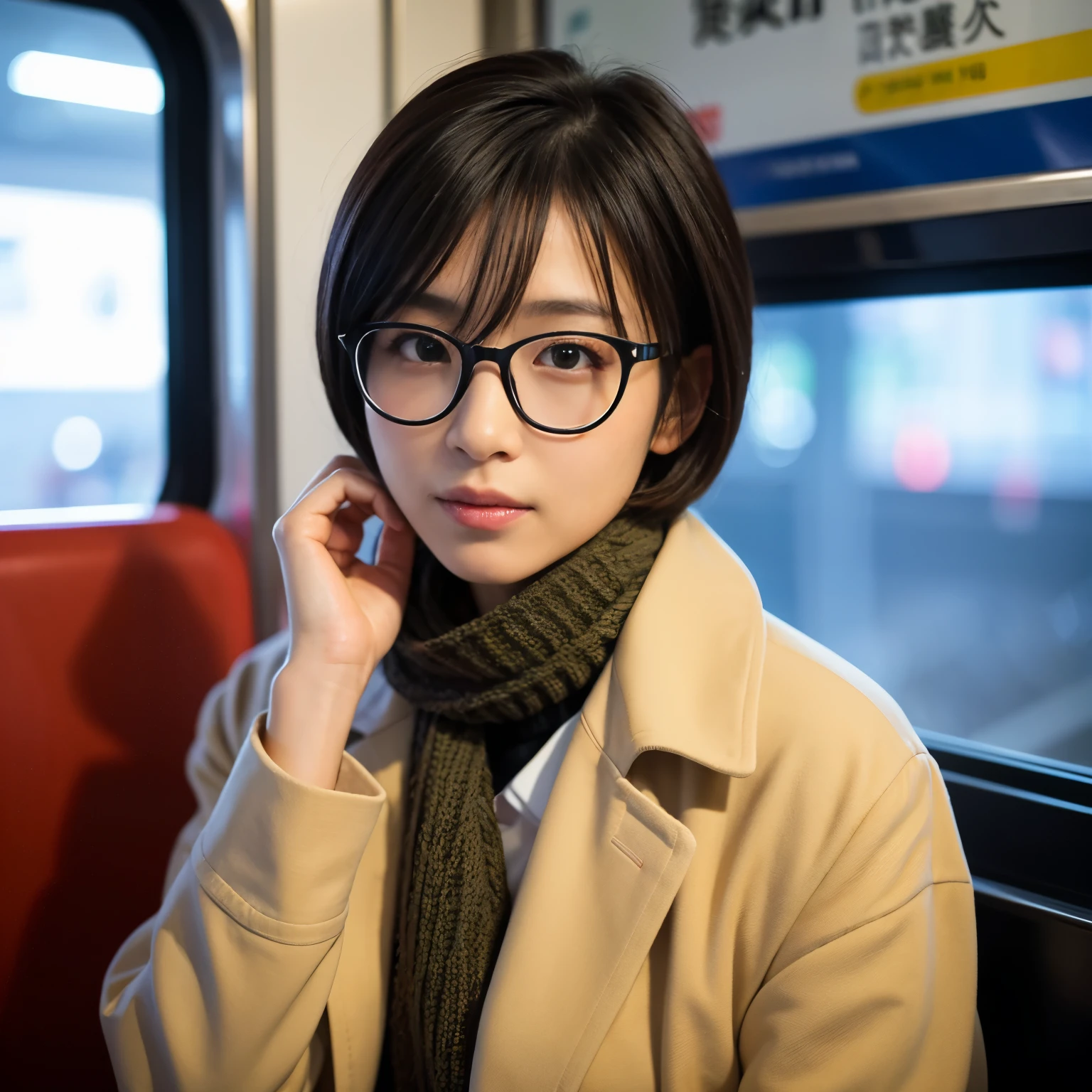 Best-quality, Masterpiece, Ultra-High-Resolution, (Photorealistic:1.4), Raw-Photo, 1girl, the most famous Japanese actress, sitting on seat of train, business-suit, trench-coat, knitted-scarf, stylish-glasses, extremely beautiful face like a most popular Japanese actress, extremely beautiful solid-circle-eyes, extremely beautiful big-black-eyes, extremely beautiful black-short-cut-haired