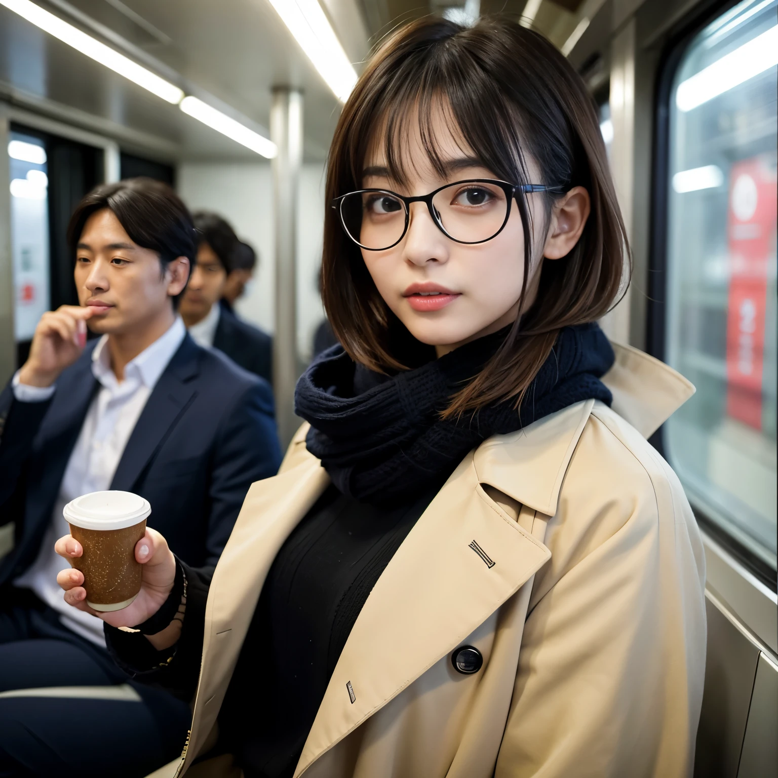 Best-quality, Masterpiece, Ultra-High-Resolution, (Photorealistic:1.4), Raw-Photo, 1girl, the most famous Japanese actress, sitting on seat of train, business-suit, trench-coat, knitted-scarf, stylish-glasses, extremely beautiful face like a most popular Japanese actress, extremely beautiful solid-circle-eyes, extremely beautiful big-black-eyes, extremely beautiful black-short-cut-haired