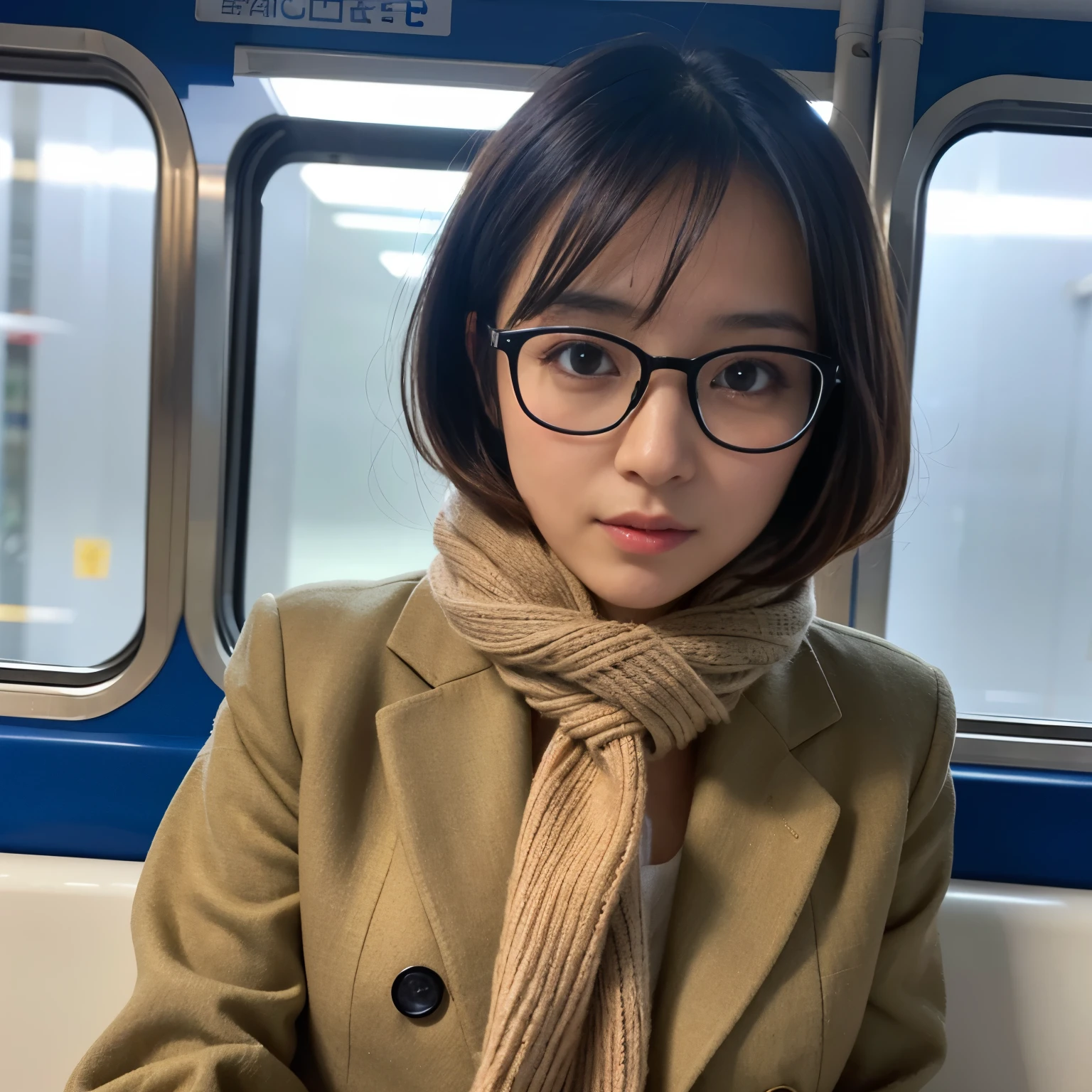 Best-quality, Masterpiece, Ultra-High-Resolution, (Photorealistic:1.4), Raw-Photo, 1girl, the most famous Japanese actress, sitting on seat of train, business-suit, trench-coat, knitted-scarf, stylish-glasses, extremely beautiful face like a most popular Japanese actress, extremely beautiful solid-circle-eyes, extremely beautiful big-black-eyes, extremely beautiful black-short-cut-haired