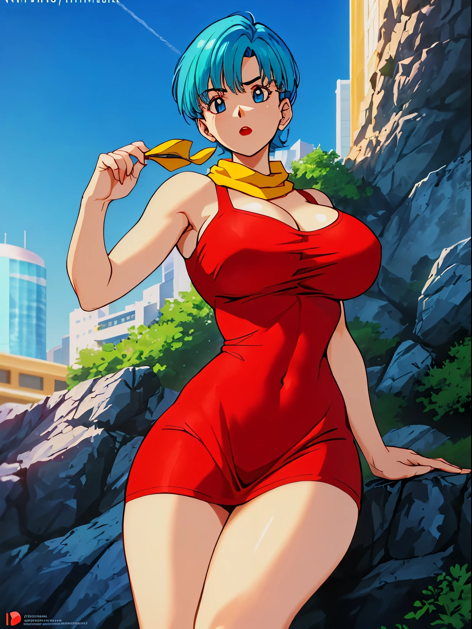 Masterpiece, Best quality, Highest quality, (Perfect lighting), (Photorealistic), Perfect anatomy, Perfect face, Perfect eyes, 
 bulmadbzreddress, aquamarine hair, Short hair, Blue eyes, Earrings, Red dress, Yellow scarf, Blue sky, Clouds, on a cliff looking at a city, (BishoujoMom: 1.5), very tight red dress, legs that open, ((Huge breasts, cleavage))), ((Thick thighs, Hourglass figure)), (Topless), 1.5) ((thick and red lips), ((Blue eyes)), ((aquamarine hair)) Photorealistic, Photo, Masterpiece, Realistic, Realism,  Photorealism, Photorealism, High contrast, photorealistic digital art trend on Artstation 8k HD HD realistic detailed, Detailed, Skin texture, ultra - detailed, Realistic skin texture, Best quality, 超高分辨率 (Photorealistic: 1.4), high resolution, Detailed, RAW photo, Sharp Re, author：Lee Jeffreys Nikon D850 Film Stock Photography 4 Kodak Portra 400 Camera F1.6 lens rich colors realistic texture hyper-realistic dramatic lighting unrealEngine trend in ArtStation CineStill 800,