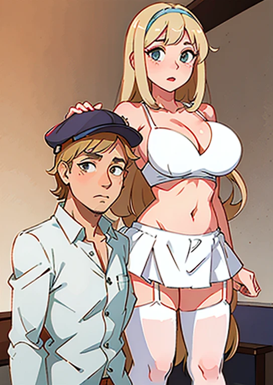 blond woman in white lingerie posing with a man in blue shorts, sakimichan and frank franzzeta, 165 cm tall, white skirt and barechest, 155 cm tall, huge scale, japanese goddess, oppai proportions, oppai, gentle femdom, ann takamaki, giant stunning goddess shot