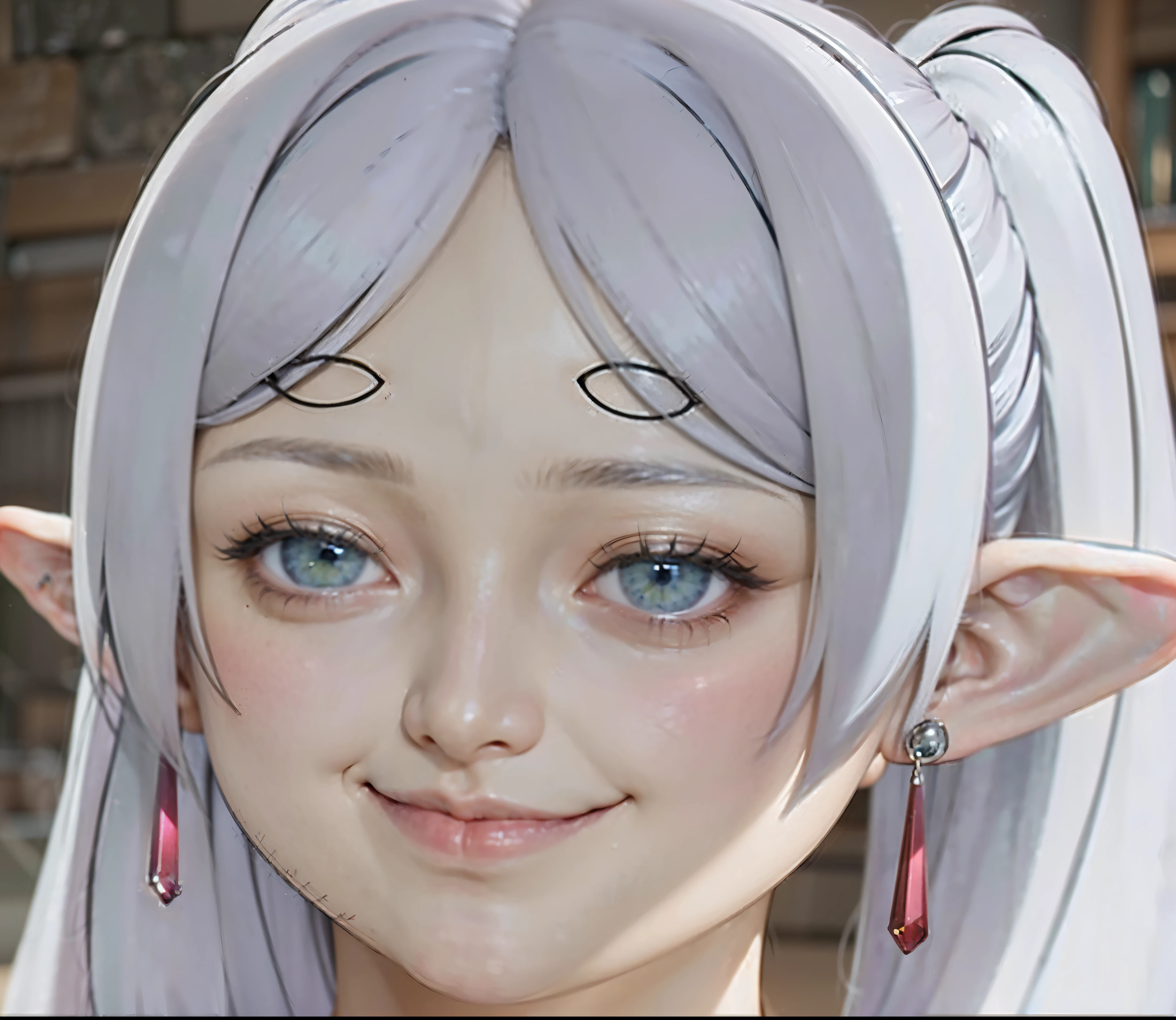 (grin:1.6),25 years old、adult woman：1.1、green eyes：1.2、purple bottle、white clothes、silver eyebrows：1.3、high elf：1.2、elf ears、beautiful ears、silver hair：1.2、short eyebrows、twin tails、red earrings：1.2、fine hair、movie writing、(highest quality, 8K, 32k, pieces fly, ticker:1.2)