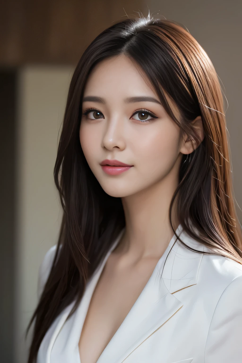 pieces fly, highest quality, realistic, Super detailed, finely, High resolution, 8K Dende Wallpaper, 1 beautiful woman,, light brown messy hair, wearing a business suit, sharp focus, perfect dynamic composition, beautiful and detailed eyes, fine hair, Detailed realistic skin texture, smile, close-up portrait, model body shape