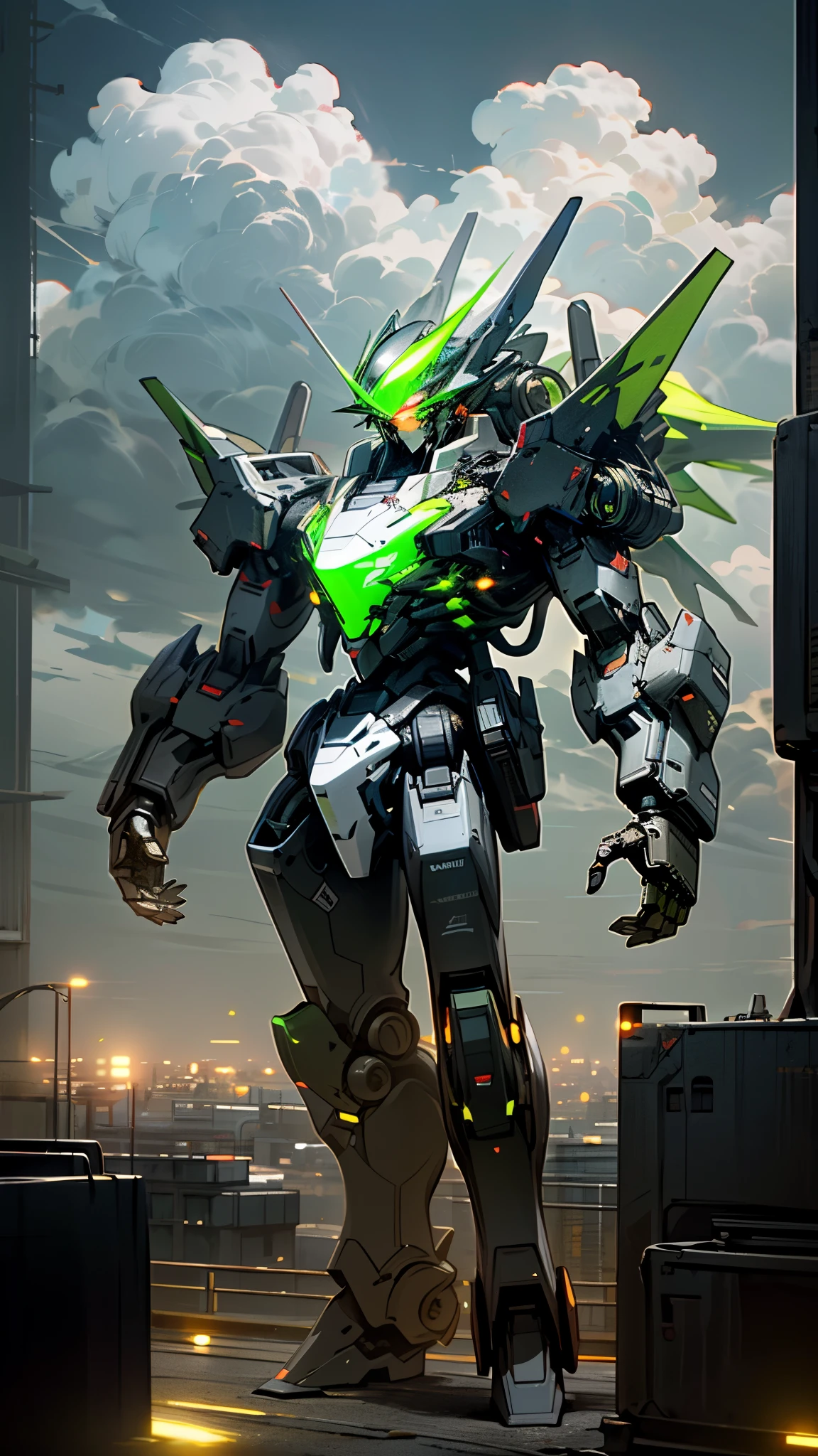 (UHD, retina, masterpiece, accurate, anatomically correct, textured skin, super detail, high details, high quality, best quality, high res, 1080P, HD, 4K, 8k, 16k), studio lighting, physically-based rendering, vivid colors, (glowing, robot, mecha, realistic_mecha, science_fiction), (night, sky, cloud, city, building, no_humans), (white & lime green, glowing_eyes, front_view:1.5),