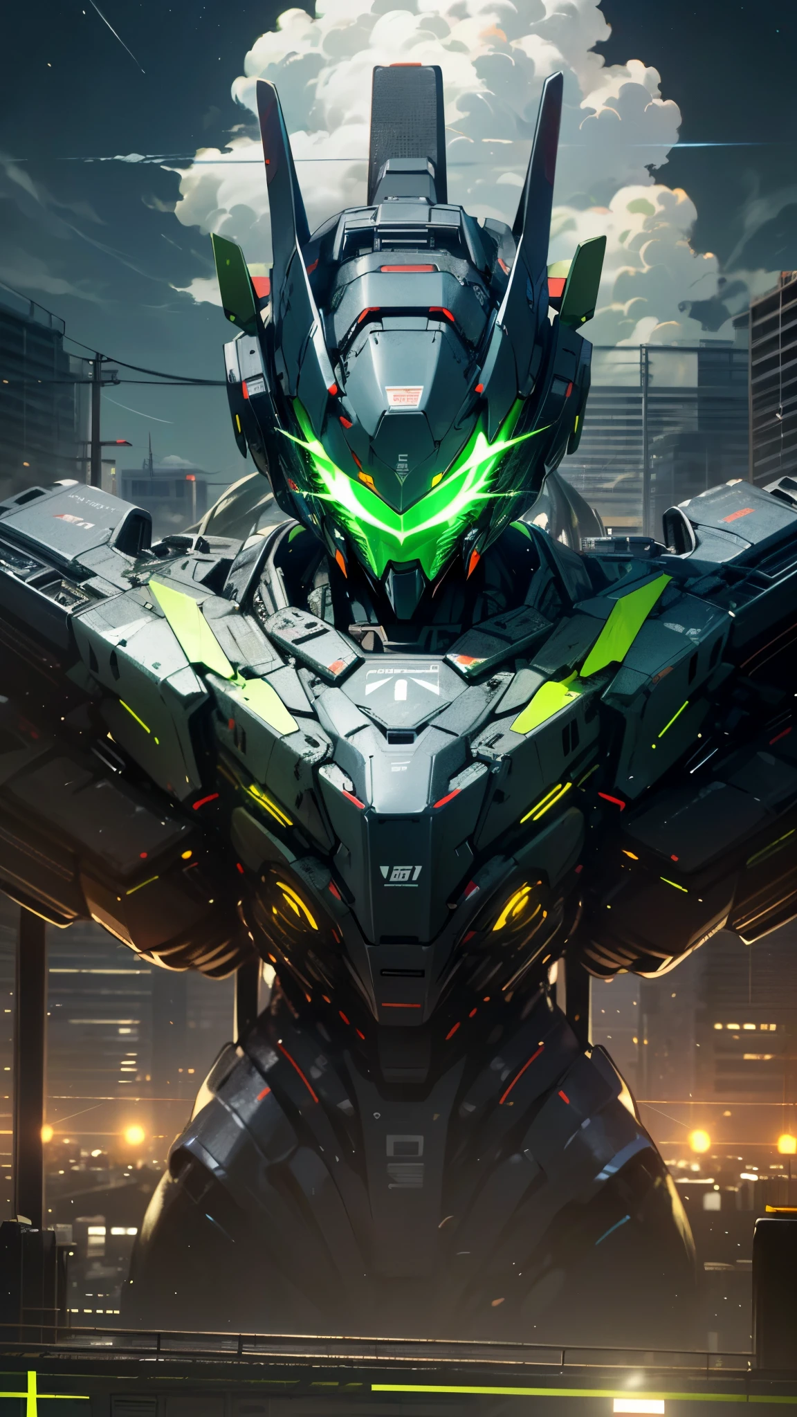 (UHD, retina, masterpiece, accurate, anatomically correct, textured skin, super detail, high details, high quality, best quality, high res, 1080P, HD, 4K, 8k, 16k), studio lighting, physically-based rendering, vivid colors, (glowing, robot, mecha, realistic_mecha, science_fiction), (sky, cloud, city, building, no_humans), (white & lime green, glowing_eyes, front_view, night:1.5),