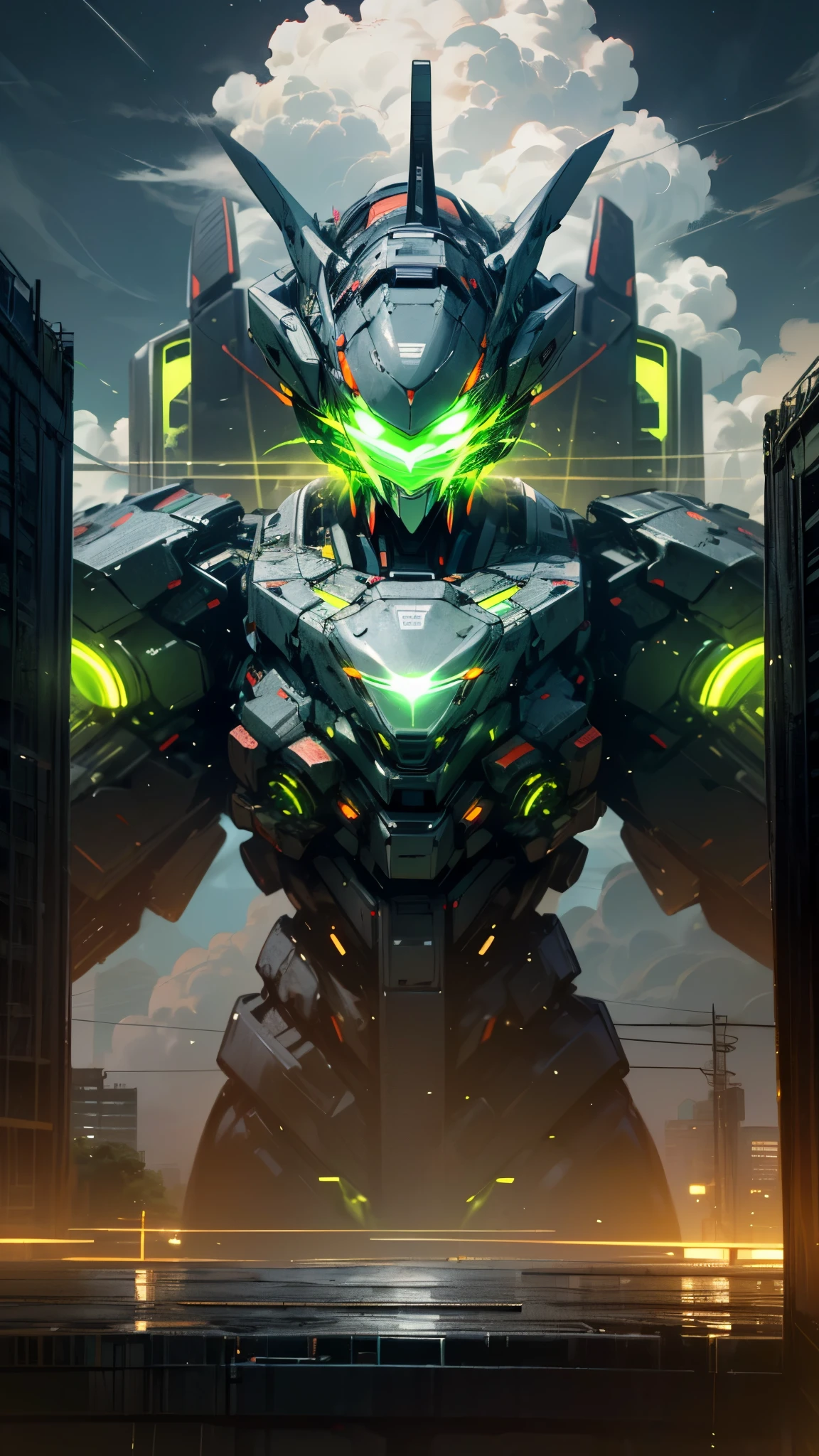 (UHD, retina, masterpiece, accurate, anatomically correct, textured skin, super detail, high details, high quality, best quality, high res, 1080P, HD, 4K, 8k, 16k), studio lighting, physically-based rendering, vivid colors, (glowing, robot, mecha, realistic_mecha, science_fiction), (sky, cloud, city, building, no_humans), (white & lime green, glowing_eyes, front_view, night:1.5),