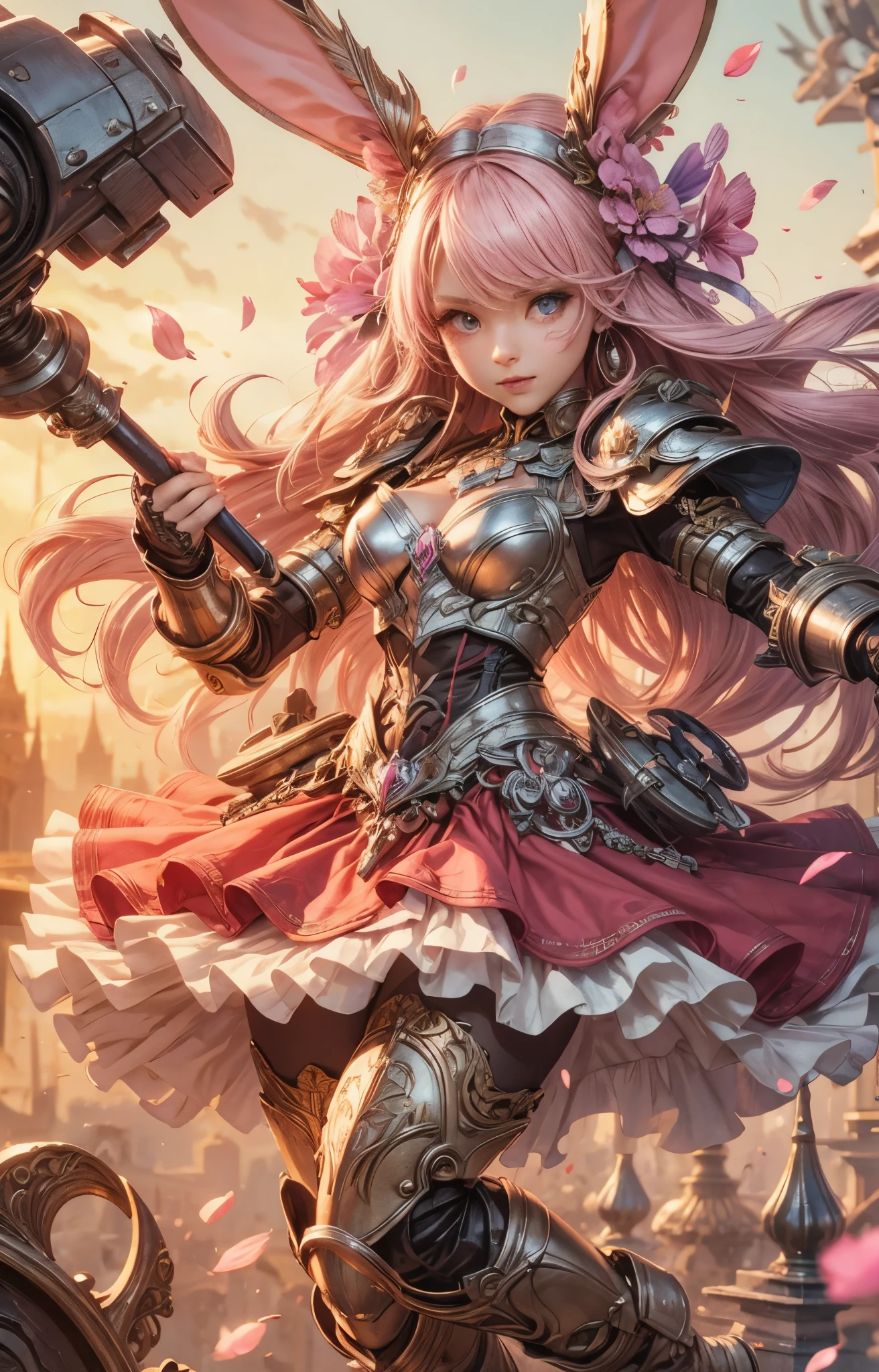 (detailed illustrations,Very detailed and precise drawing,Delicate drawn lines with tempo,Realistic texture expression),[color traced main line],(fantasy world battlefield [burning castle]),(GIRL ROBOT 12yo (pink rabbit [METALFACE[lenticular iris]])) [WEAPON MACHINE],(([petal] metal dress [frills]) [flower pattern] [Clear pink translucent armor that covers the body surface]) [ribbon]) [Energy tubes that glow at the joints],[use a sledgehammer as a weapon],[[Mobile Weapon Gigant Size][science fiction mechanical]],(Metallic luster on metal parts),(intricate and beautiful decoration [Dense detail]),(Precisely drawn face)[perfect eye details(Beautifully detailed iris)[eyes like jewels]],[long and beautiful eyelashes],[precisely drawn hair [Beautiful and shiny hair details]],(perfect hand details [Beautiful fingers with no damage [beautiful nails]]),(perfect anatomy(perfectly balanced proportions))[[full body portrait]],[ideal color coordination(Accurate simulation of light and material interactions)],[Visual art that tells a story].