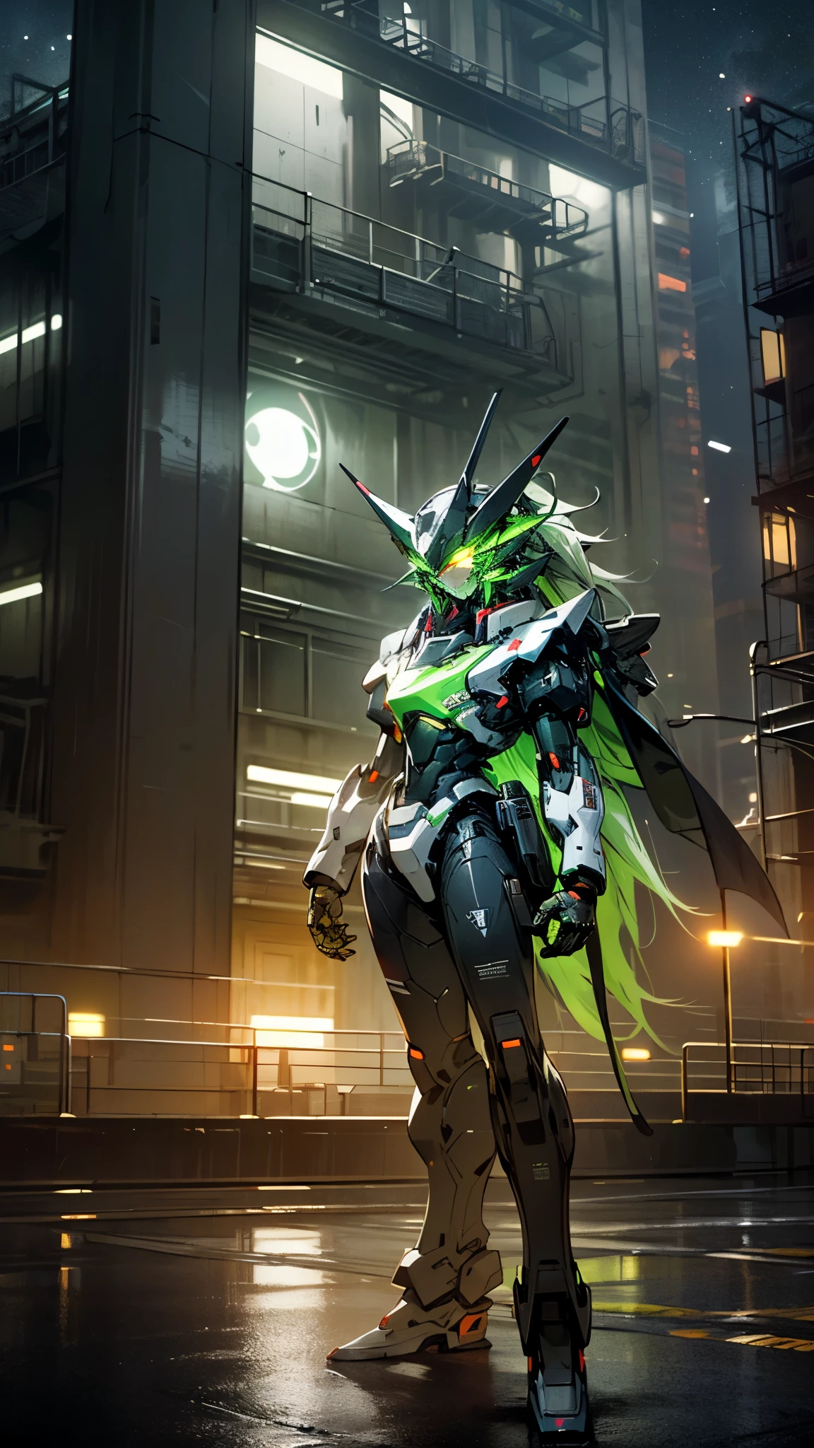 (UHD, retina, masterpiece, accurate, anatomically correct, textured skin, super detail, high details, high quality, best quality, high res, 1080P, HD, 4K, 8k, 16k), studio lighting, physically-based rendering, vivid colors, (glowing, robot, mecha, realistic_mecha, science_fiction), (sky, city, building, no_humans), (white & lime green, glowing_eyes, front_view, night:1.5),