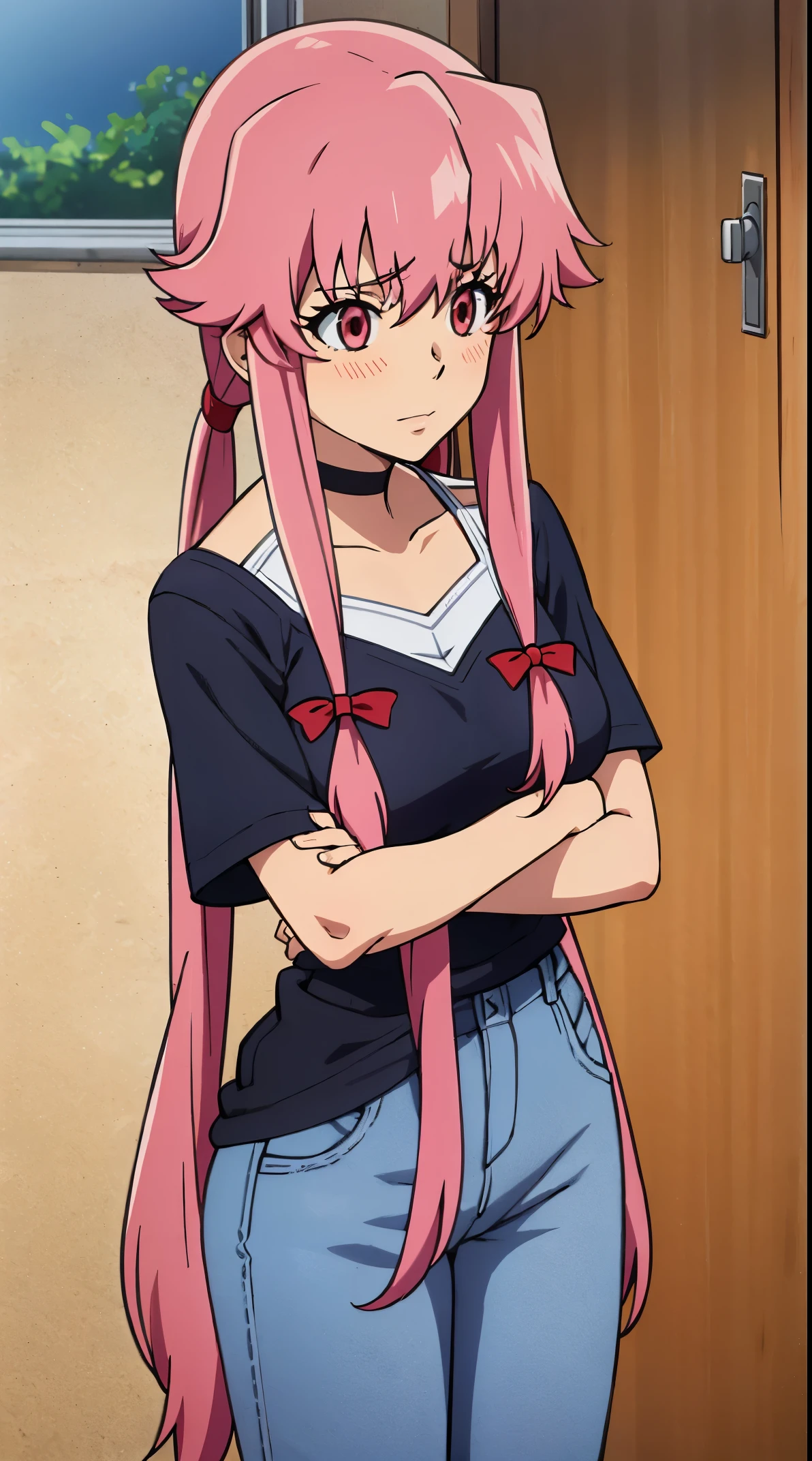 anime_still, masterpiece, best quality, 1girl, Gasai Yuno,large breasts, pink hair, long hair, solo, sitting, tiles, looking at viewer, low twintails, wearing a black choker, wearing a black leather jacket, wearing blue jeans, wearing a black t-shirt, red eyes, ((yandere)),