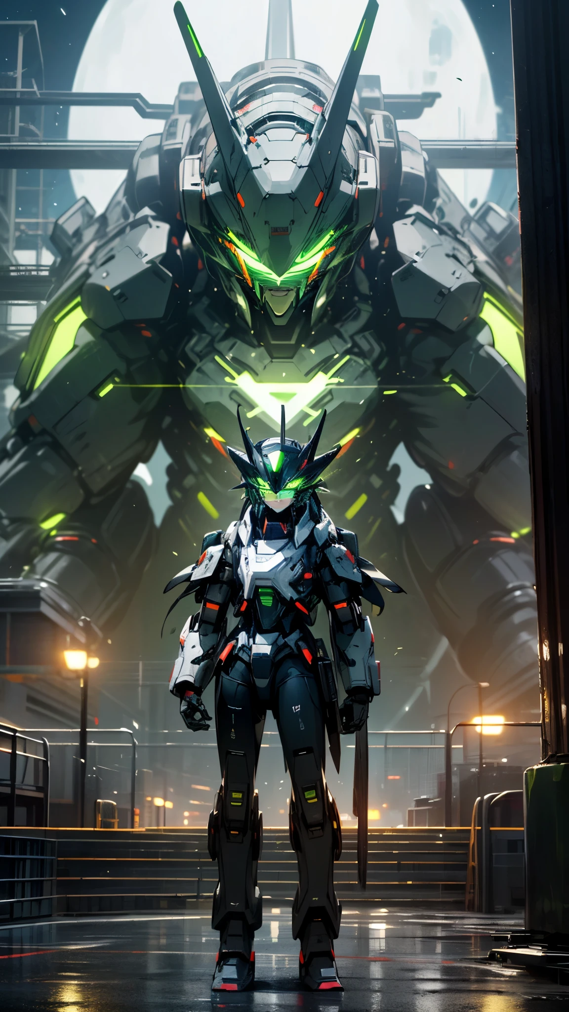 (UHD, retina, masterpiece, accurate, anatomically correct, textured skin, super detail, high details, high quality, best quality, high res, 1080P, HD, 4K, 8k, 16k), studio lighting, physically-based rendering, vivid colors, (glowing, robot, mecha, realistic_mecha, science_fiction), (sky, city, building, no_humans), (white & lime green, glowing_eyes, front_view, night:1.5),