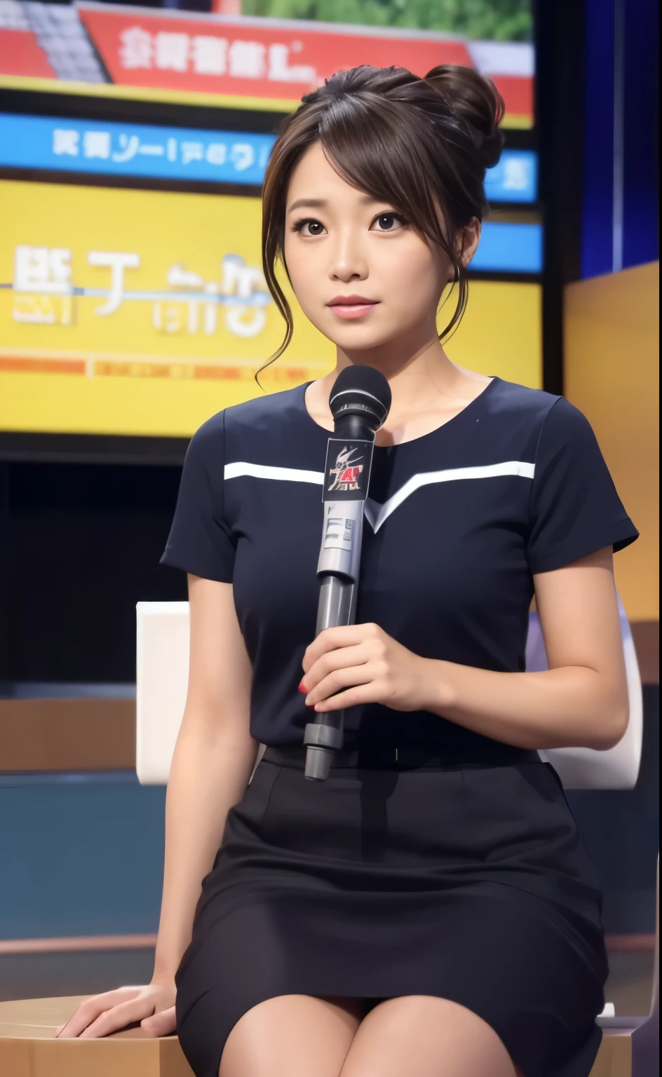 1 beautiful woman, announcer, sitting,skirt,in a news program, 30 years old,Tense look,I'm keeping my hair up,女子announcer,incident news tv screen background