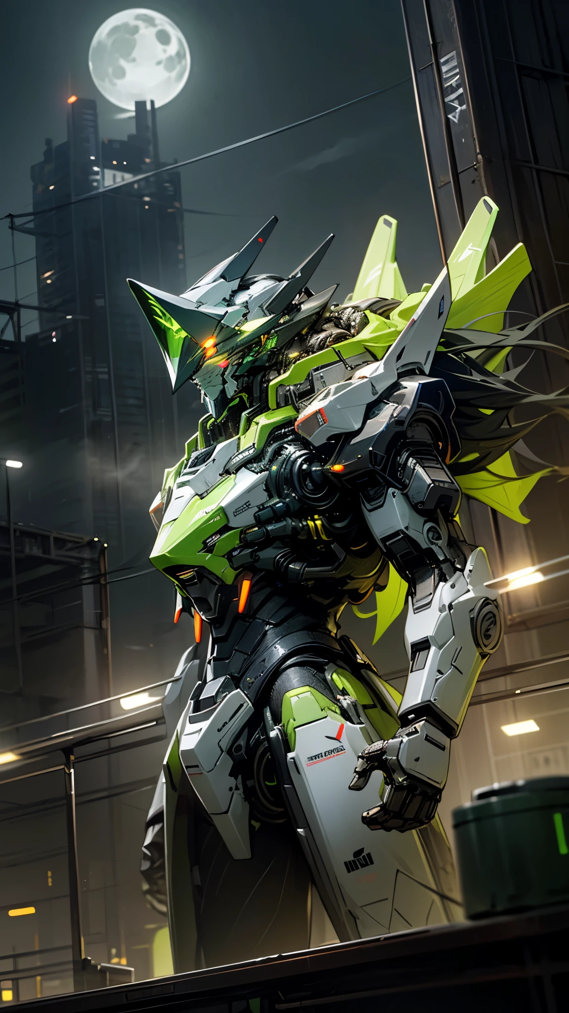 (UHD, retina, masterpiece, accurate, anatomically correct, textured skin, super detail, high details, high quality, best quality, high res, 1080P, HD, 4K, 8k, 16k), studio lighting, physically-based rendering, vivid colors, (glowing, robot, mecha, realistic_mecha, science_fiction), (sky, moonlight, city, building, no_humans), (white & lime green, glowing_eyes, front_view, night:1.5),