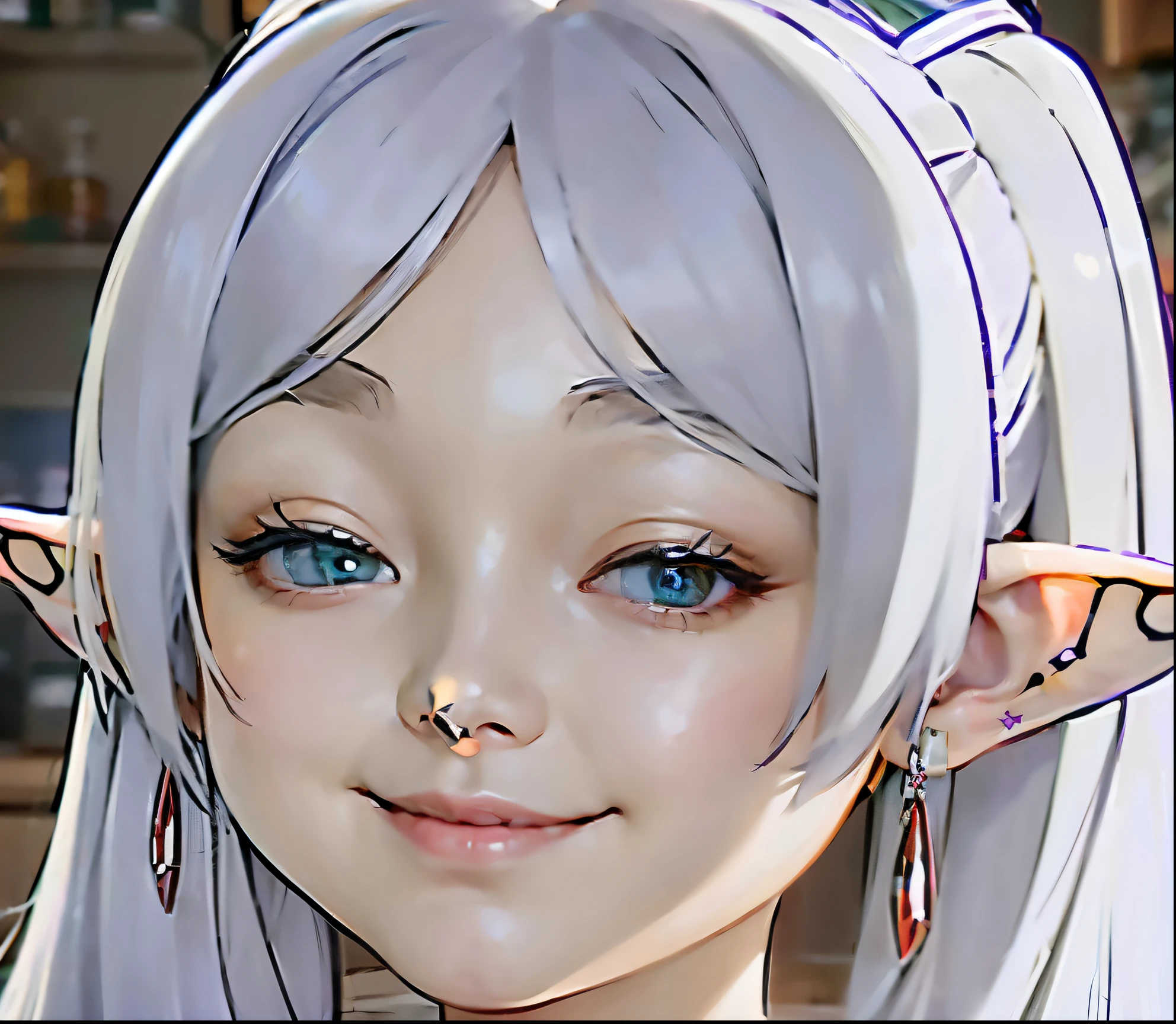 (grin:1.6),25 years old、adult woman:1.1、green eyes:1.2、purple bottle、white clothes、silver eyebrows:1.3、high elf:1.2、elf ears、beautiful ears、silver hair:1.2、short eyebrows、twin tails、red earrings:1.2、fine hair、movie writing、(highest quality, 8K, 32k, pieces fly, ticker:1.2)