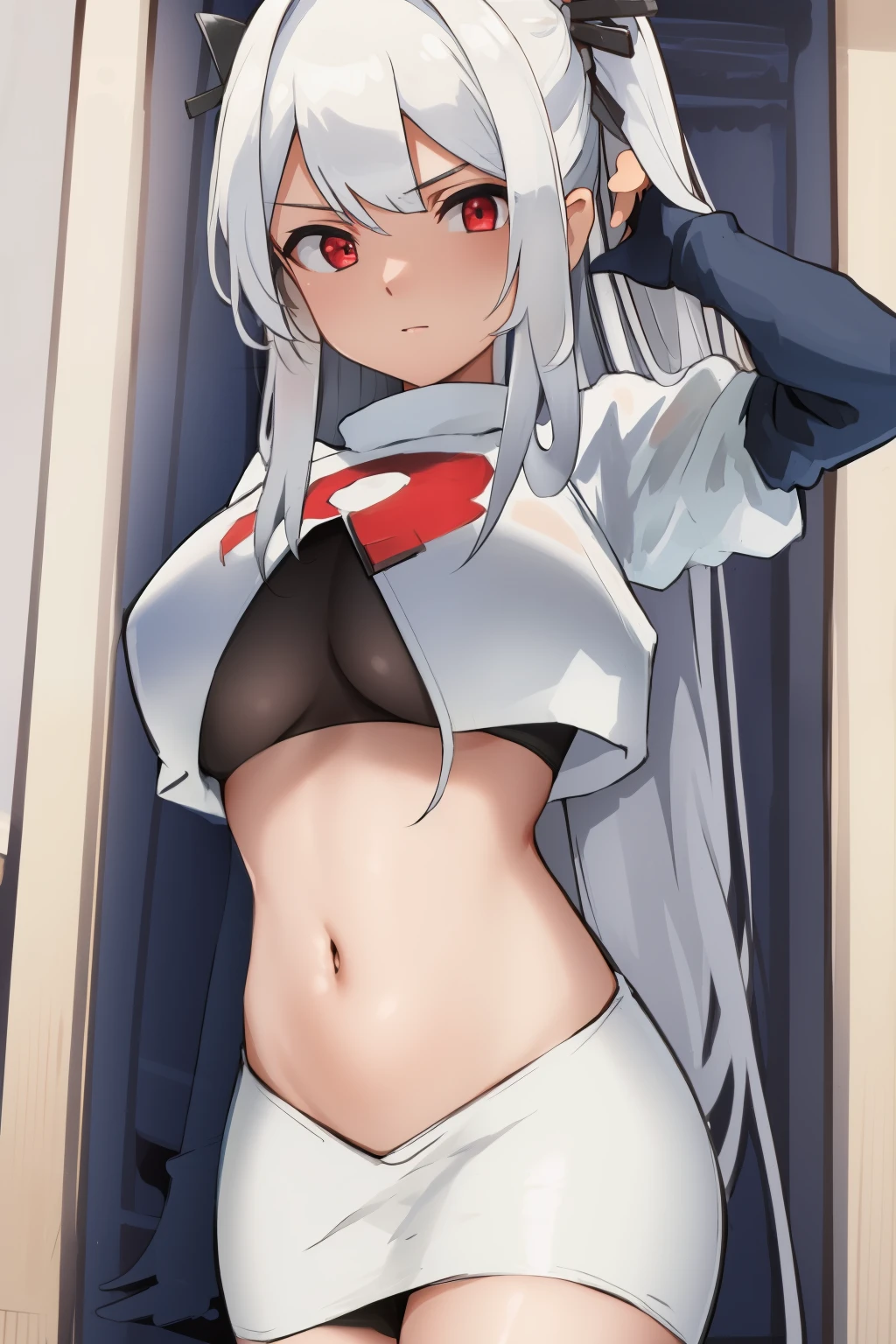 é¿è±å
西äºÂ·ç±³å¾·åå°,1girl,solo,long hair,white hair,sidelocks,very long hair,bangs,twintails,hair ornament,red eyes,black bow,hair bow,parted bangs,two side up,
large breasts, Exquisite visuals, high-definition,masterpiece,best quality,expressive eyes,
looking at viewer,
highres, absurdres,team rocket,team rocket uniform,white skirt,red letter R,crop top,black thigh-highs,black elbow gloves