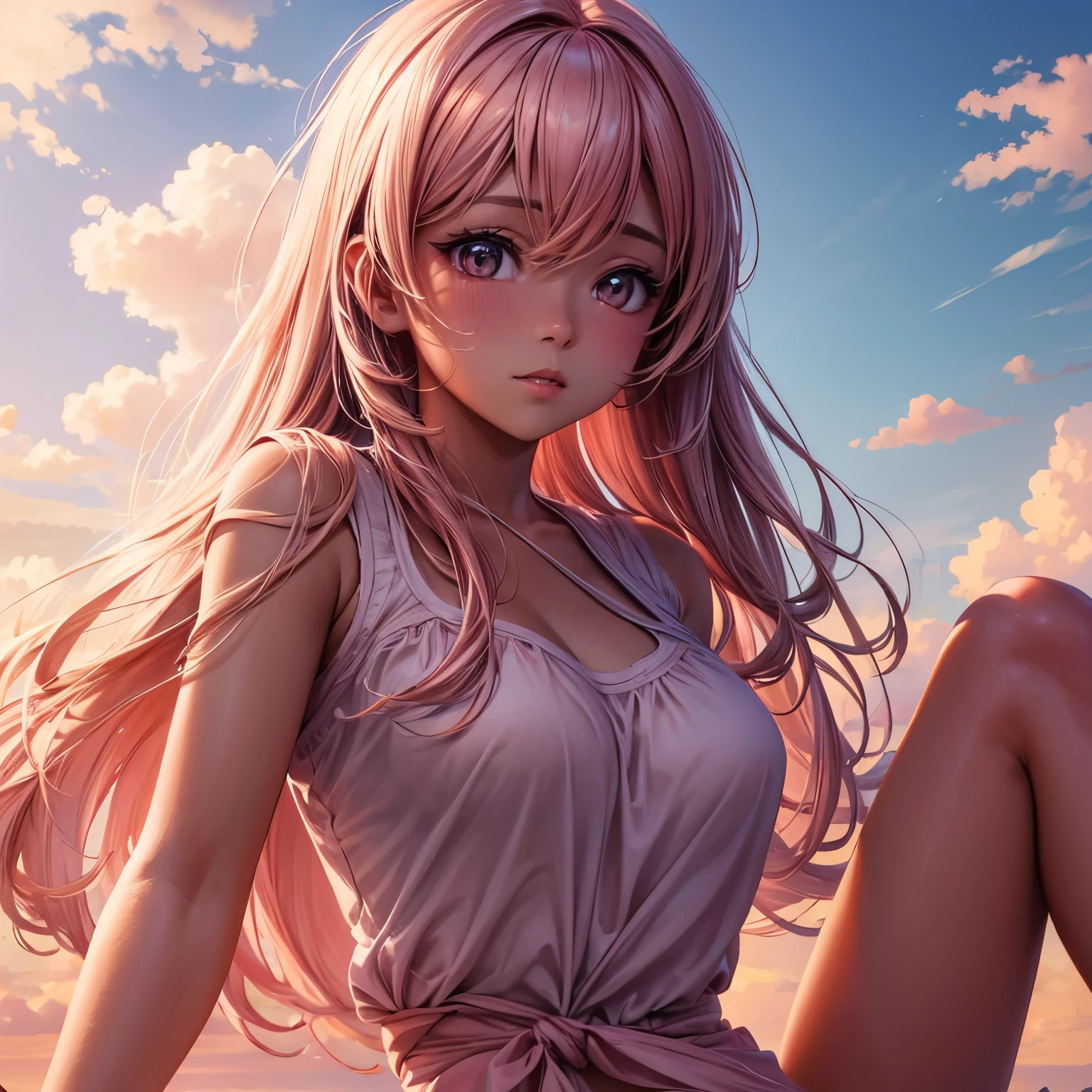 an ultra-realistic and beautiful feminine tan girl merged with the clouds, predominant light pink color, maximum quality, 8k, lots of illumination, drawn and painted with pencil.