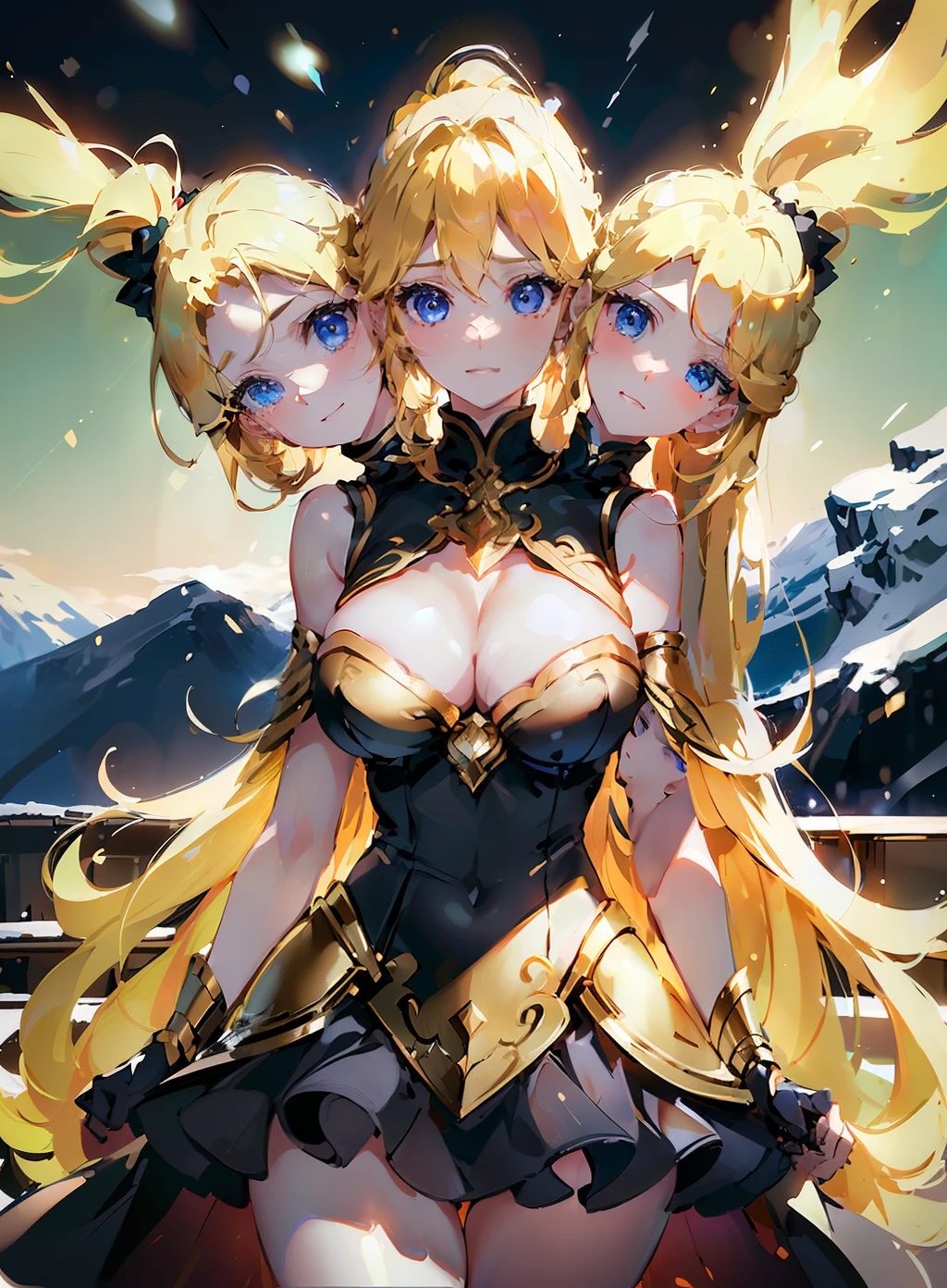 (Highest quality, amazing details:1.25),(3heads:1.5), girl with three heads, golden hair, (((same hair color))), black dress,((( lighting ability))), armor, large breasts, cleavage, ((snowy mountains in background)), charismatic, very shy, carefree, ((Electric superpower)), detailed hair,((high ponytail)), blue eyes, princess