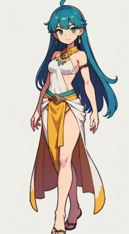 female, character design, earth color outfit, fantasy, white background, sarong, standing, full body, slender,