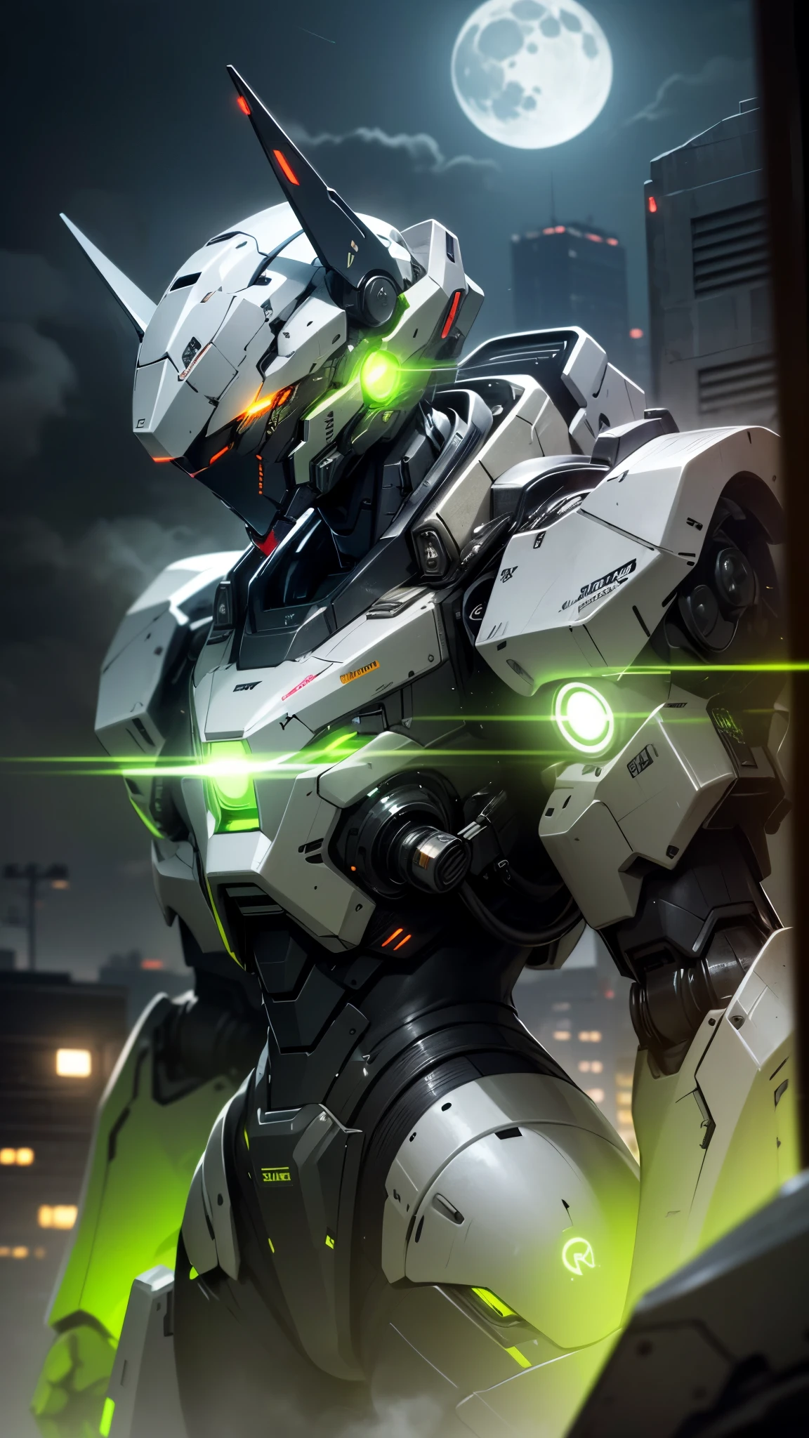 (UHD, retina, masterpiece, accurate, anatomically correct, textured skin, super detail, high details, high quality, best quality, high res, 1080P, HD, 4K, 8k, 16k), studio lighting, physically-based rendering, vivid colors, (glowing, robot, mecha, realistic_mecha, science_fiction), (sky, moonlight, fog, city, building, no_humans), (white & lime green, glowing_eyes, front_view, night:1.5),