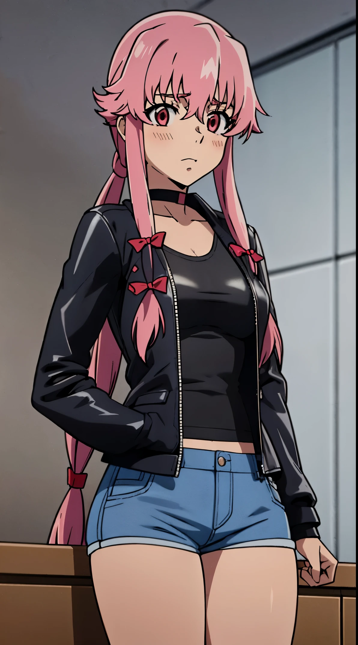 anime_still, masterpiece, best quality, 1girl, Gasai Yuno,large breasts, pink hair, long hair, solo, sitting, tiles, looking at viewer, low twintails, wearing a black choker, (wearing a black leather jacket:1.5), wearing blue jeans, wearing a black t-shirt, red eyes, ((yandere)),