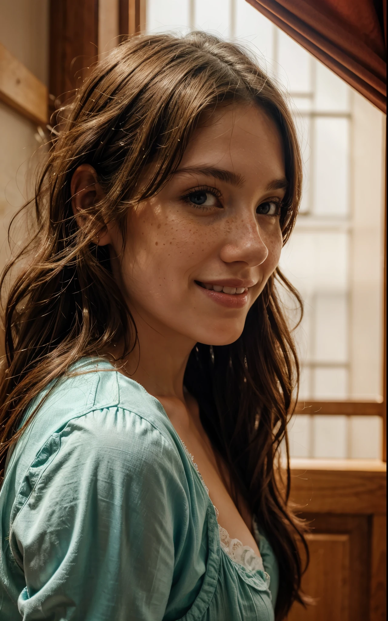 https://.seaart.ai/explore/detail/cm1k3gde878c73ci32n0 hyper realistic, freckles, beautiful brunette smiling, long hair, half body,
