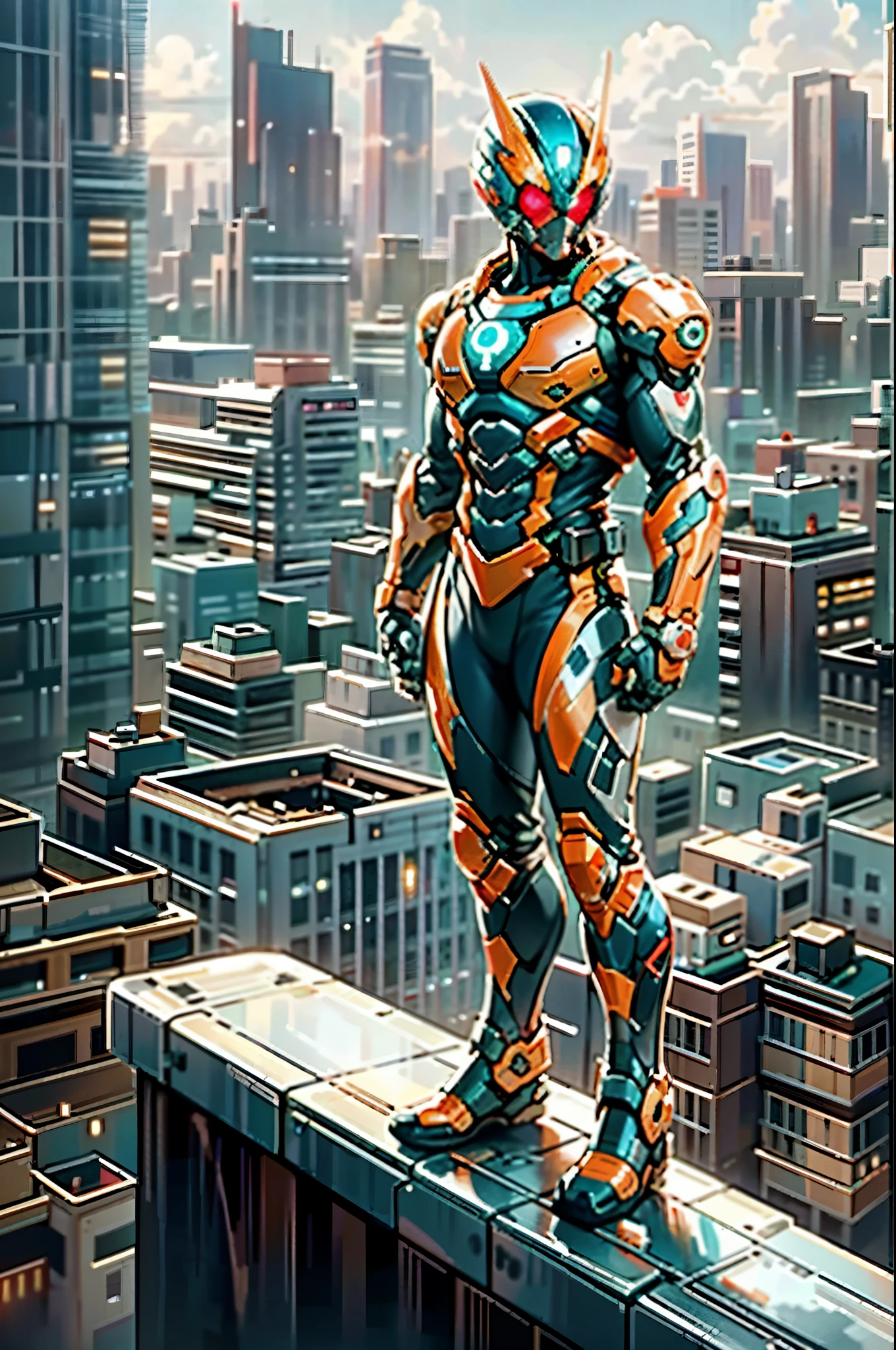 A superhero, a high-tech biotech battle suit, standing on a rooftop, looking over the city, Japanese tokusatsu and American comic style, biometallic texture of the suit, sleek and shiny, dynamic, metallic, sophisticated design, symmetrical face, extremely detailed eyes and face, high quality eyes, high definition, best quality, highres, ultra-detailed, ultra-fine painting, exquisite and mature, extremely delicate, professional, anatomically correct, creativity, UHD, HDR, 32k, Natural light, cinematic lighting, best shadow, masterpiece-anatomy-perfect, masterpiece