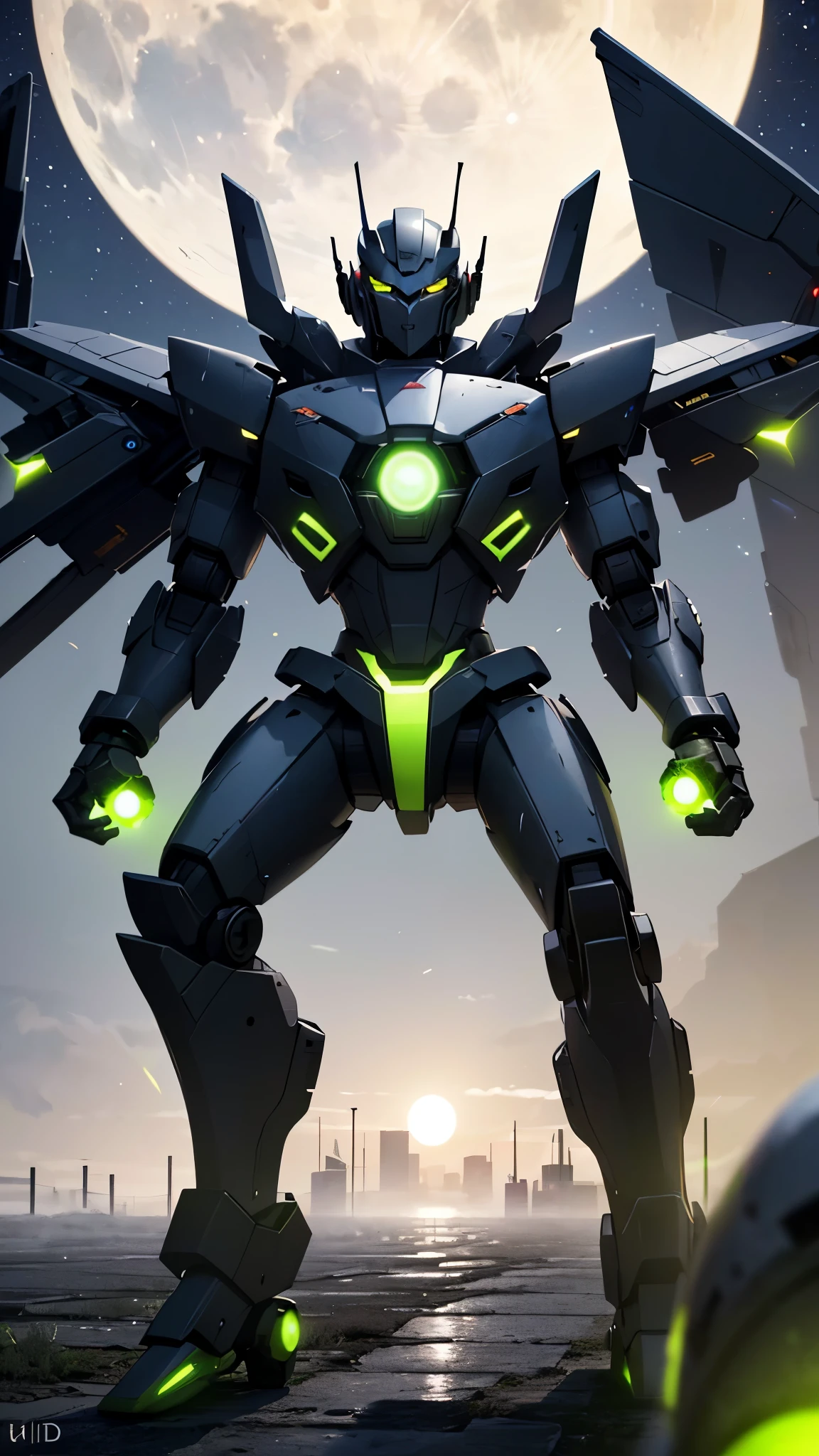 (UHD, retina, masterpiece, accurate, anatomically correct, textured skin, super detail, high details, high quality, best quality, high res, 1080P, HD, 4K, 8k, 16k), studio lighting, physically-based rendering, vivid colors, (glowing, robot, mecha, realistic_mecha, science_fiction), (sky, moonlight, fog, city, building, no_humans), (white & lime green, glowing_eyes, front_view, night:1.5),