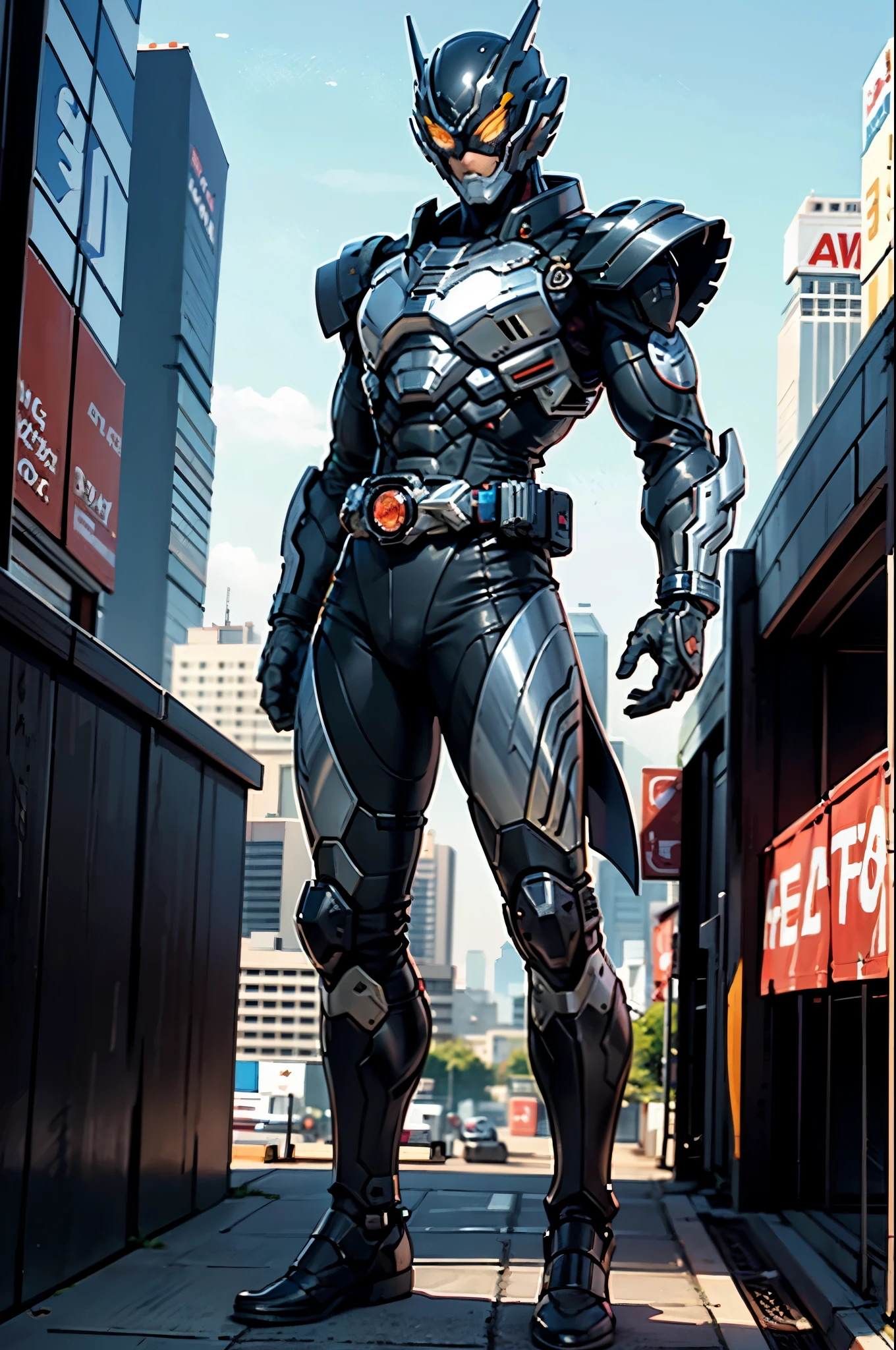 A superhero, a high-tech biotech battle suit, standing on a rooftop, looking over the city, Japanese tokusatsu and American comic style, biometallic texture of the suit, sleek and shiny, dynamic, metallic, sophisticated design, symmetrical face, extremely detailed eyes and face, high quality eyes, high definition, best quality, highres, ultra-detailed, ultra-fine painting, exquisite and mature, extremely delicate, professional, anatomically correct, creativity, UHD, HDR, 32k, Natural light, cinematic lighting, best shadow, masterpiece-anatomy-perfect, masterpiece