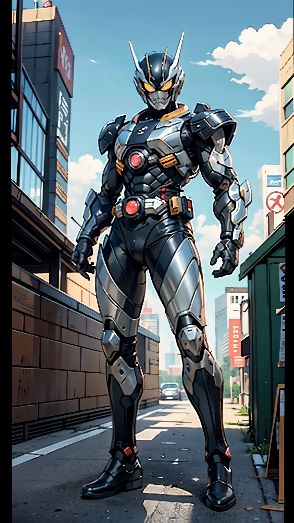 A superhero, a high-tech biotech battle suit, standing on a rooftop, looking over the city, Japanese tokusatsu and American comic style, biometallic texture of the suit, sleek and shiny, dynamic, metallic, sophisticated design, symmetrical face, extremely detailed eyes and face, high quality eyes, high definition, best quality, highres, ultra-detailed, ultra-fine painting, exquisite and mature, extremely delicate, professional, anatomically correct, creativity, UHD, HDR, 32k, Natural light, cinematic lighting, best shadow, masterpiece-anatomy-perfect, masterpiece