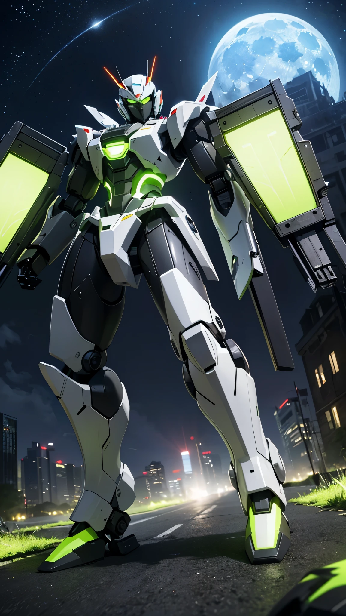 (UHD, retina, masterpiece, accurate, anatomically correct, textured skin, super detail, high details, high quality, best quality, high res, 1080P, HD, 4K, 8k, 16k), studio lighting, physically-based rendering, vivid colors, (glowing, robot, mecha, realistic_mecha, science_fiction), (sky, moonlight, city, building, no_humans), (white & lime green, glowing_eyes, front_view, night:1.5),