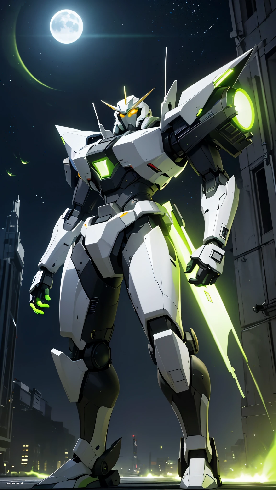 (UHD, retina, masterpiece, accurate, anatomically correct, textured skin, super detail, high details, high quality, best quality, high res, 1080P, HD, 4K, 8k, 16k), studio lighting, physically-based rendering, vivid colors, (glowing, robot, mecha, realistic_mecha, science_fiction), (sky, moonlight, city, building, no_humans), (white & lime green, glowing_eyes, front_view, night:1.5),