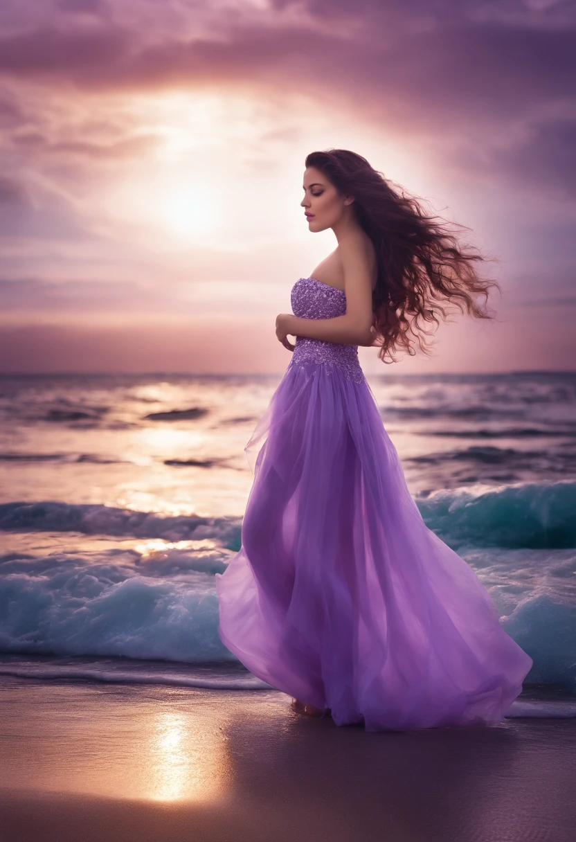 a noite，Uma jovem tem longos cabelos roxos e olhos roxos como um rio de estrelas，Dressed in a beautiful long lilac dress，A saia longa delineia a figura rechonchuda，Pernas brancas como jade foram expostas，Seios rechonchudos aparecem，On the beach by the sea, with your back to us, you hold the sea，Look at us