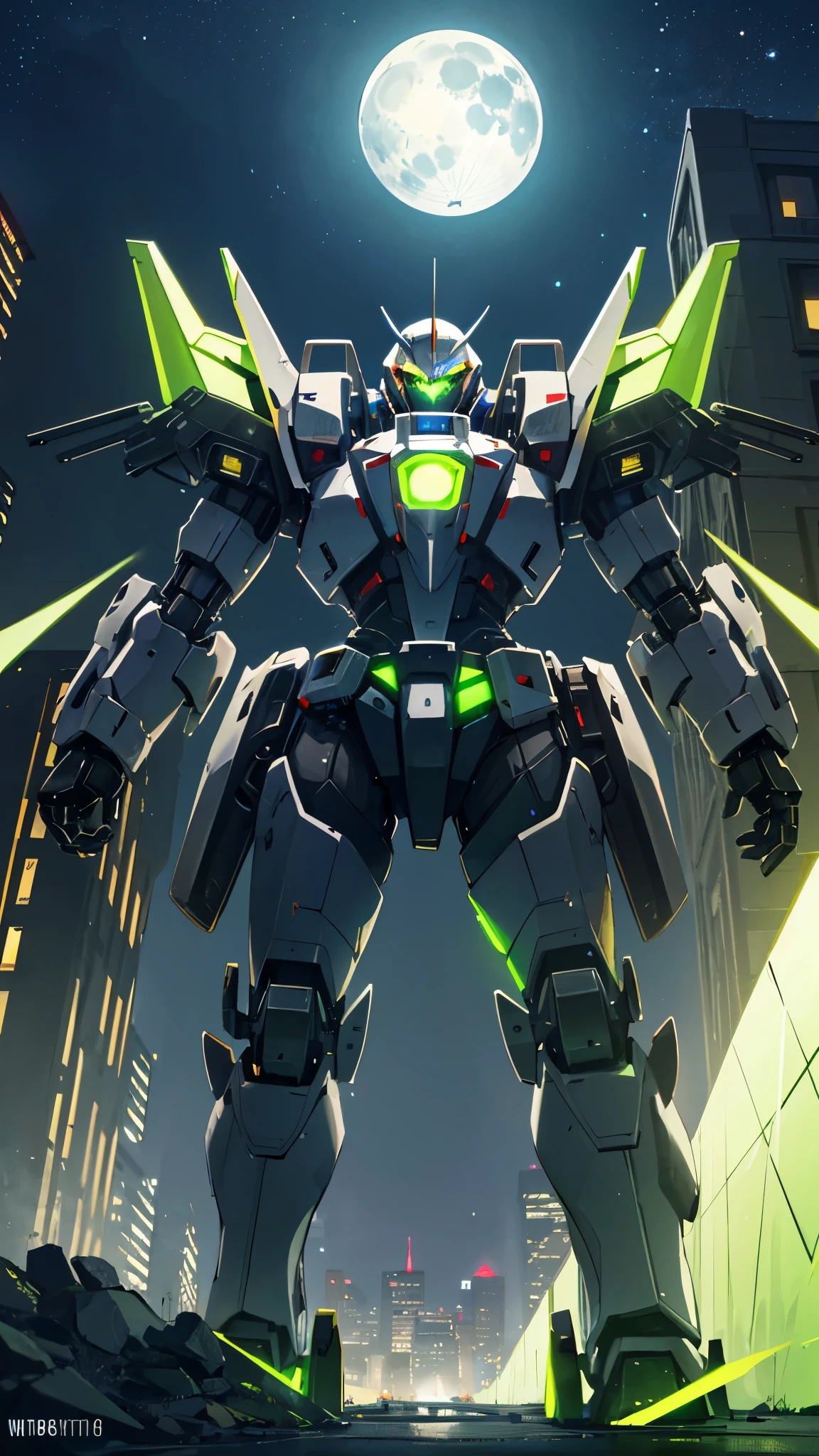 (UHD, retina, masterpiece, accurate, anatomically correct, textured skin, super detail, high details, high quality, best quality, high res, 1080P, HD, 4K, 8k, 16k), studio lighting, physically-based rendering, vivid colors, (glowing, robot, mecha, realistic_mecha, science_fiction), (sky, moonlight, city, building, no_humans), (white & lime green, glowing_eyes, front_view, night:1.5),