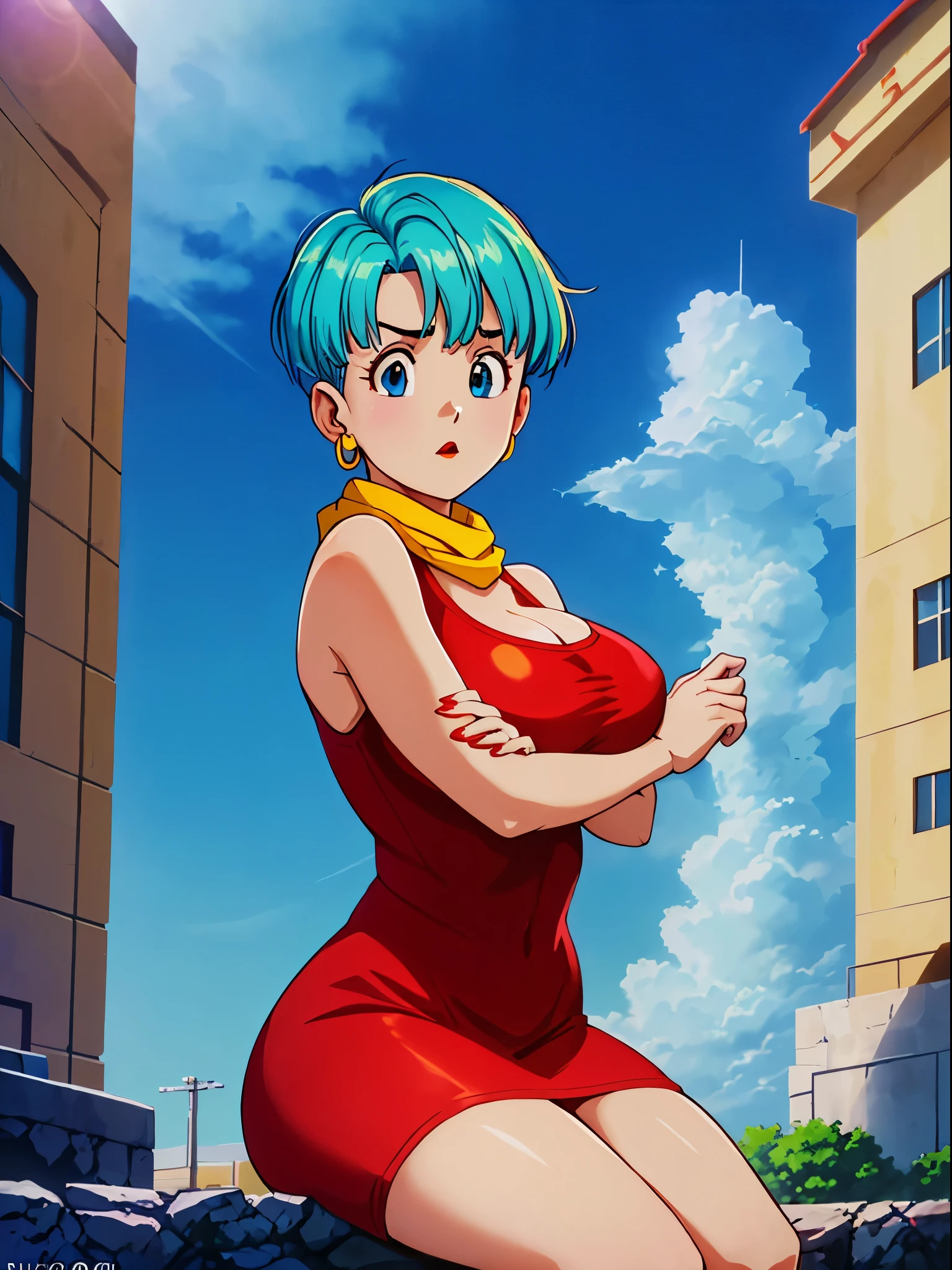 Masterpiece, Best quality, Highest quality, (Perfect lighting), (Photorealistic), Perfect anatomy, Perfect face, Perfect eyes, 
 bulmadbzreddress, aquamarine hair, Short hair, Blue eyes, Earrings, Red dress, Yellow scarf, Blue sky, Clouds, on a cliff looking at a city, (BishoujoMom: 1.5), very tight red dress, legs that open, ((Huge breasts, cleavage))), ((Thick thighs, Hourglass figure)), (Topless), 1.5) ((thick and red lips), ((Blue eyes)), ((aquamarine hair)) Photorealistic, Photo, Masterpiece, Realistic, Realism,  Photorealism, Photorealism, High contrast, photorealistic digital art trend on Artstation 8k HD HD realistic detailed, Detailed, Skin texture, ultra - detailed, Realistic skin texture, Best quality, 超高分辨率 (Photorealistic: 1.4), high resolution, Detailed, RAW photo, Sharp Re, author：Lee Jeffreys Nikon D850 Film Stock Photography 4 Kodak Portra 400 Camera F1.6 lens rich colors realistic texture hyper-realistic dramatic lighting unrealEngine trend in ArtStation CineStill 800,