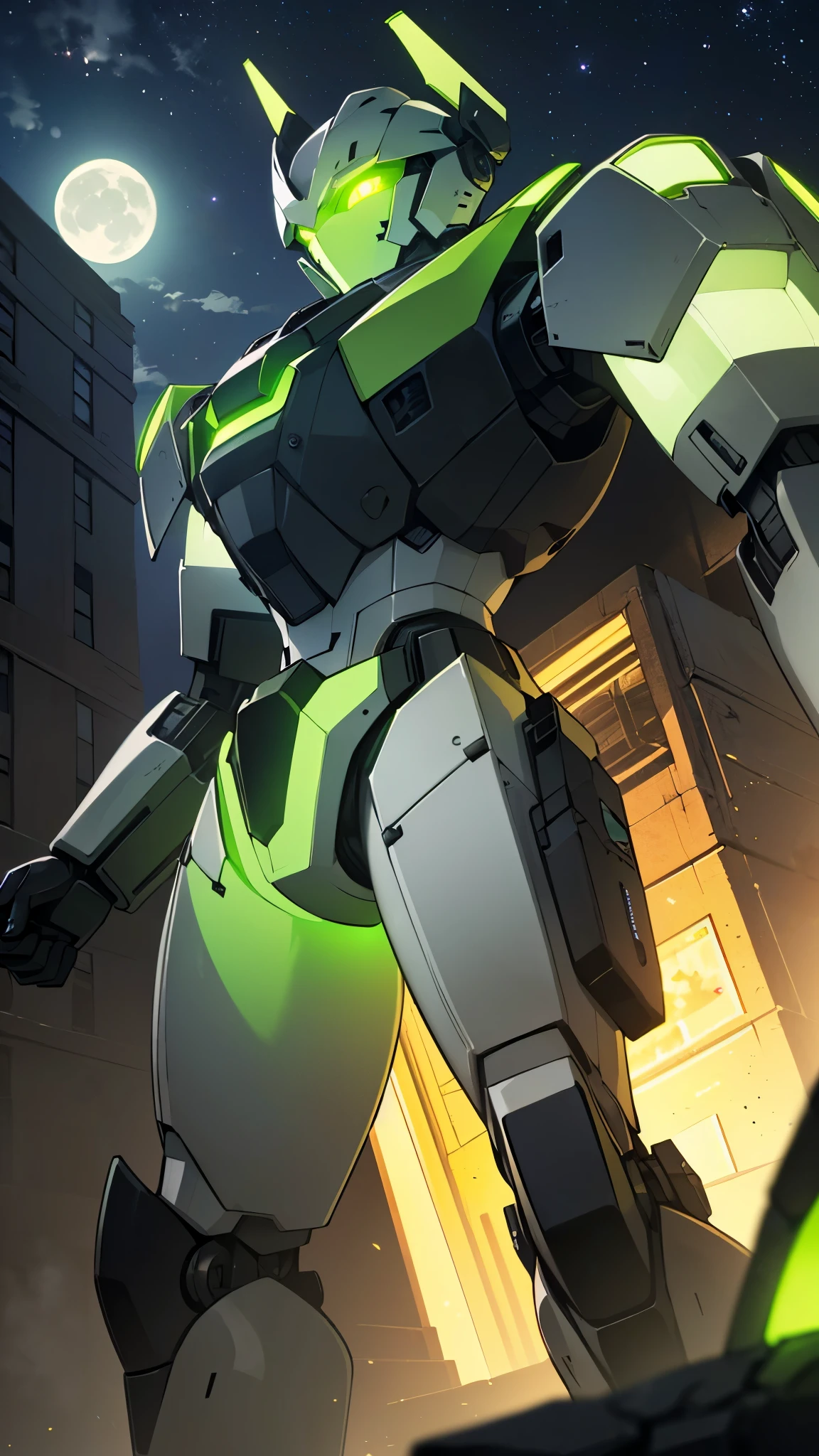 (UHD, retina, masterpiece, accurate, anatomically correct, textured skin, super detail, high details, high quality, best quality, high res, 1080P, HD, 4K, 8k, 16k), studio lighting, physically-based rendering, vivid colors, (glowing, robot, mecha, realistic_mecha, science_fiction), (sky, moonlight, city, building, no_humans), (white & lime green, glowing_eyes, front_view, night:1.5),