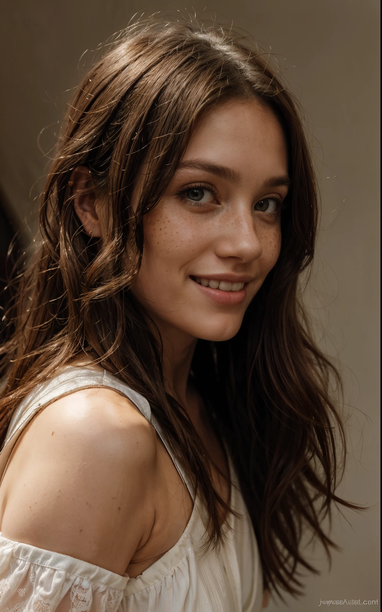 https://.seaart.ai/explore/detail/cm1k3gde878c73ci32n0 hyper realistic, freckles, beautiful brunette, big smile, long hair, half body,