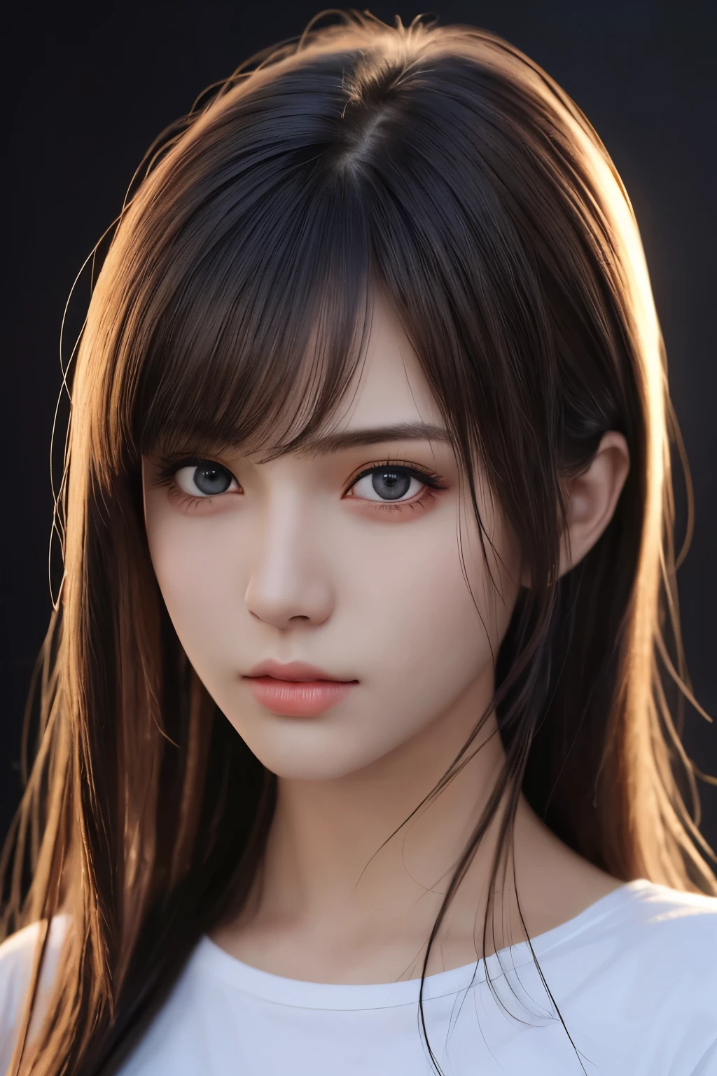 best quality, masterpiece, ultra high resolution, (lifelike:1.37), original photo, 1 girl, long hair, beautiful eyes, beautiful face, Detailed eyes and face, t-shirt, dynamic lighting, in the darkness, deep shadow, low profile, cowboy shooting