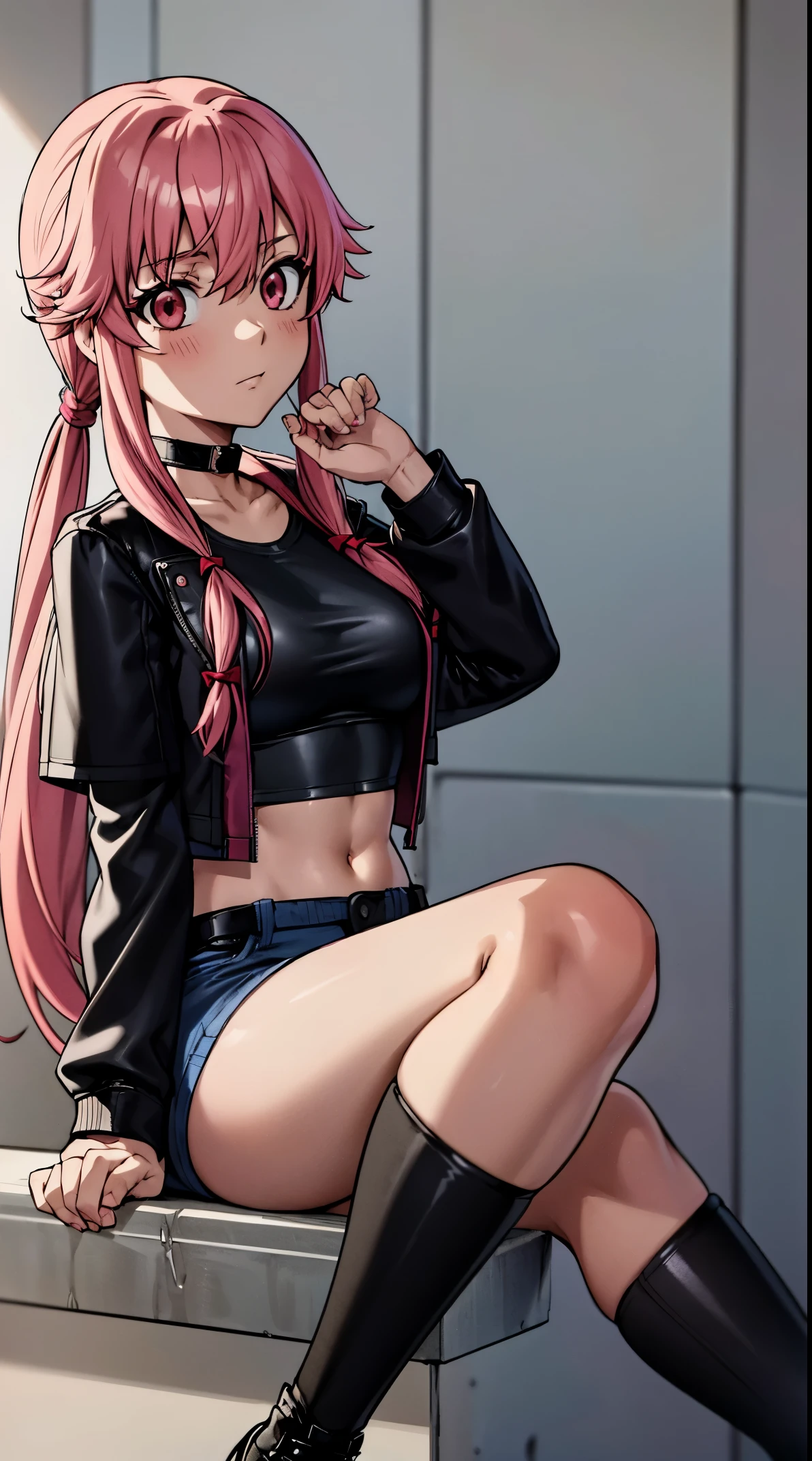 anime_still, masterpiece, best quality, 1girl, Gasai Yuno, large breasts, pink hair, long hair, solo, sitting, tiles, looking at viewer, low twintails, wearing a black choker, (wearing a black leather jacket:1.5), wearing blue jeans, wearing a black t-shirt, red eyes, ((yandere)),