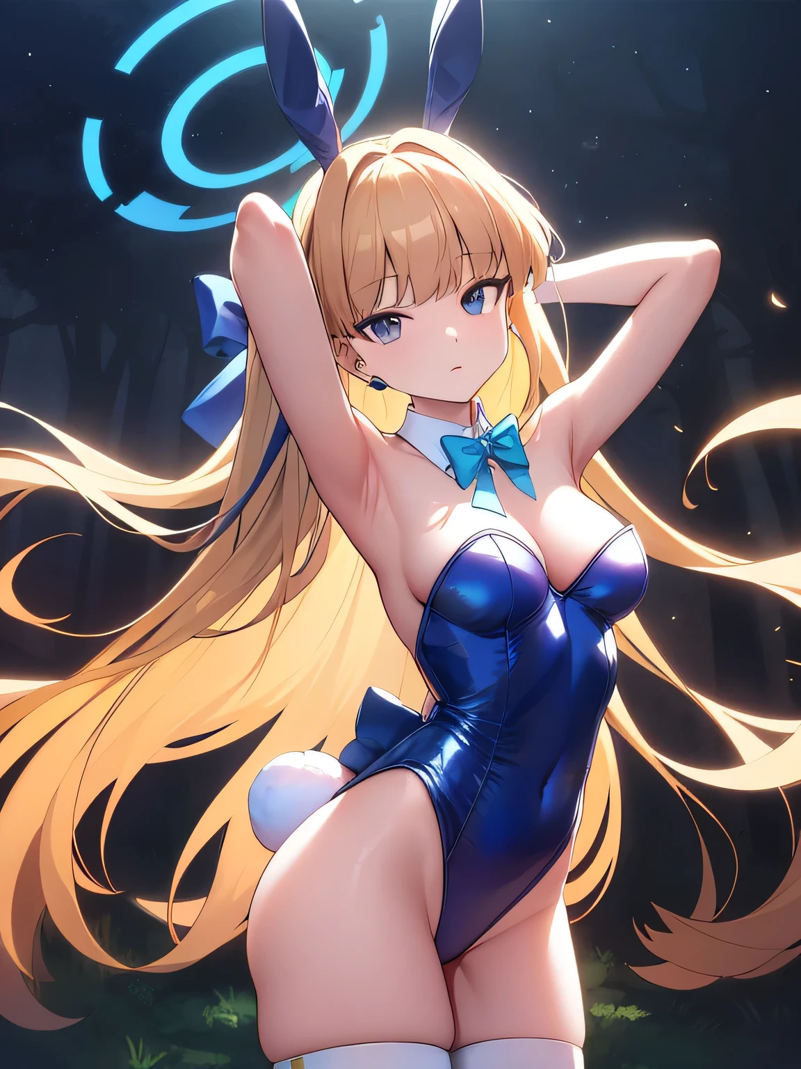 best quality, masterpiece,  toki, halo, long hair, rabbit ears, detached collar bowtie,  bunny leotard, white thighhighs, bunny tail, earpiece, earrings, hair ribbon, wrist cuffs, looking at viewer, head tilt, expressionless, seiza, expressionless, closed_mouth, night sky, forest, arms behind head, spread armpits, midriff, contrapposto, cowboy shot,