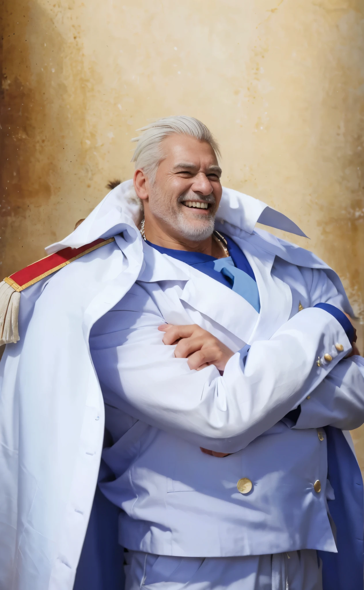 (masterpiece), (realistic), (ultra detailed), ( high reest quality), (photorealistic), (perfect face), old man, 1male, solo, ((50 years old)), American  (((muscular))), monkey d. Garp from one piece, monkey d. Garp, Garp, (( spiky haircut)), ((white hair)), white beard, white mustache, The character has white hair on the sides, wears a white shirt, wears white pants, wears white shoes, wears a blue tie, his shirt buttons are gray, wears a white robe with a rank symbol on his shoulder, wearing a white robe, ((The character's mouth laughs evilly)), the character's moans appear on the brown wall, detailed fingers