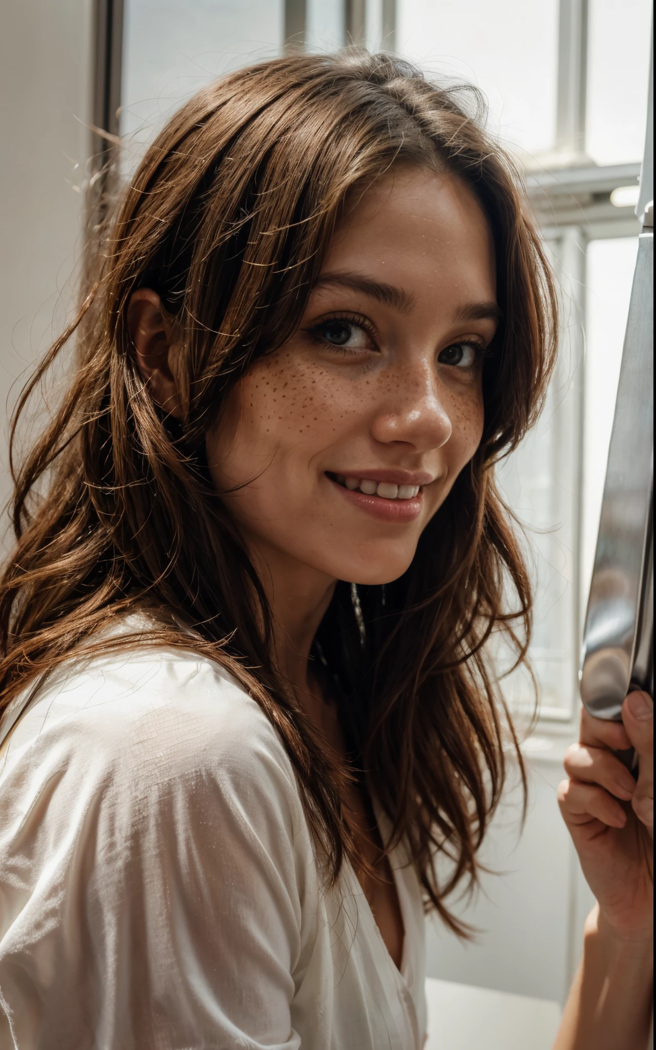 https://.seaart.ai/explore/detail/cm1k3gde878c73ci32n0 hyper realistic, freckles, beautiful brunette, big smile, long hair, half body,