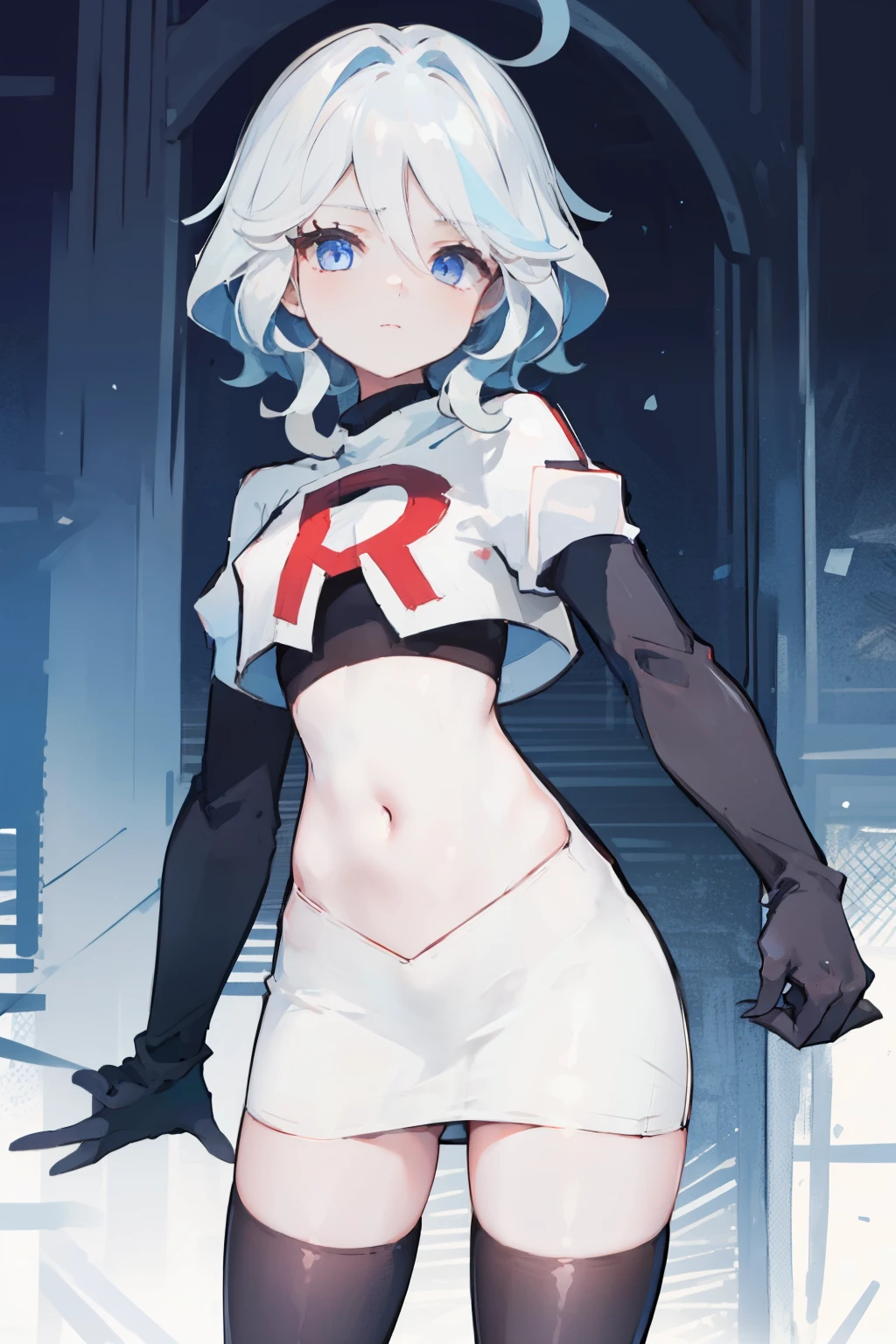 One girl, Delicate face, of the highest quality, The 8k quality, team rocket,team rocket uniform,white skirt,red letter R,crop top,black thigh-highs,black elbow gloves