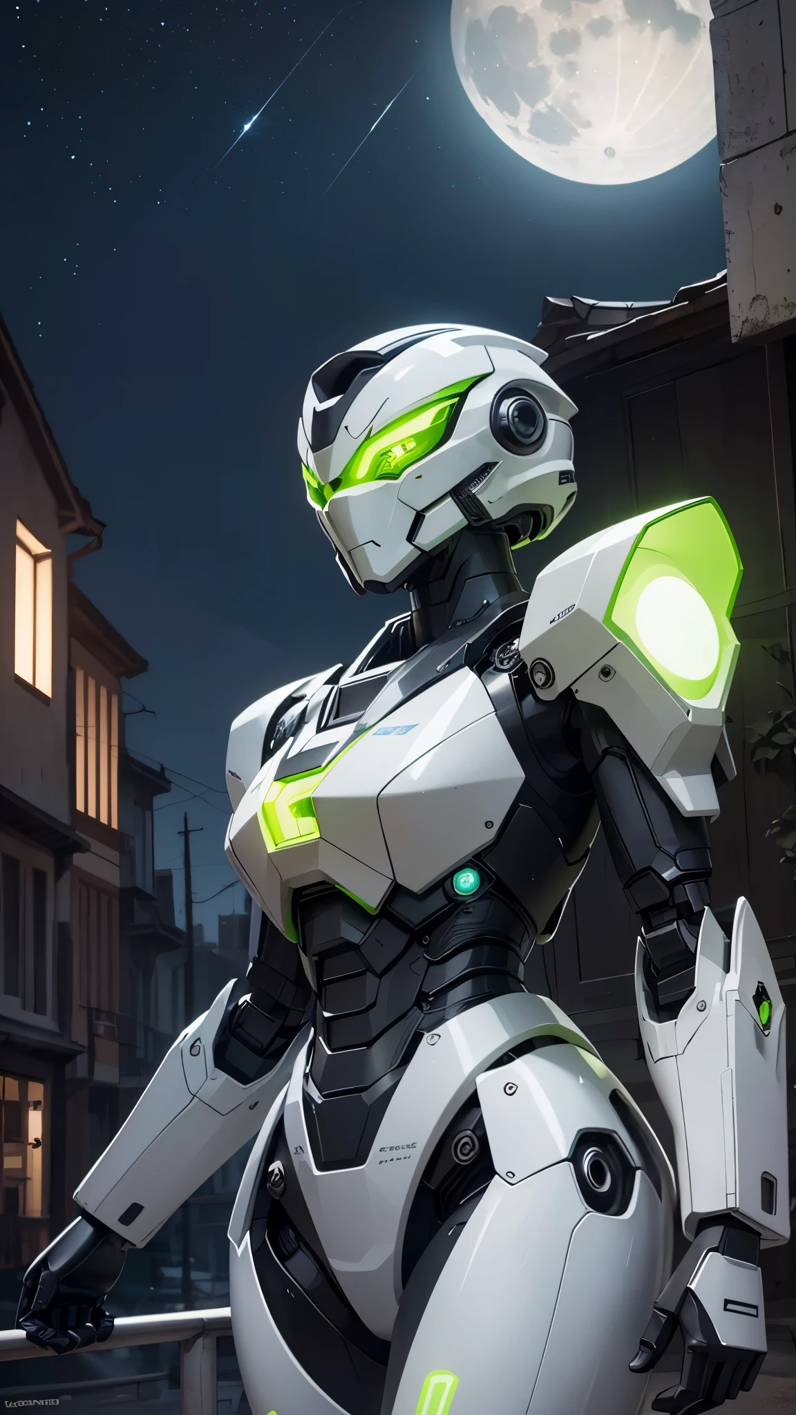 (UHD, retina, masterpiece, accurate, anatomically correct, textured skin, super detail, high details, high quality, best quality, high res, 1080P, HD, 4K, 8k, 16k), studio lighting, physically-based rendering, vivid colors, (glowing, robot, mecha, realistic_mecha, science_fiction), (sky, moonlight, city, building, no_humans), (white & lime green, glowing_eyes, front_view, night:1.5),
