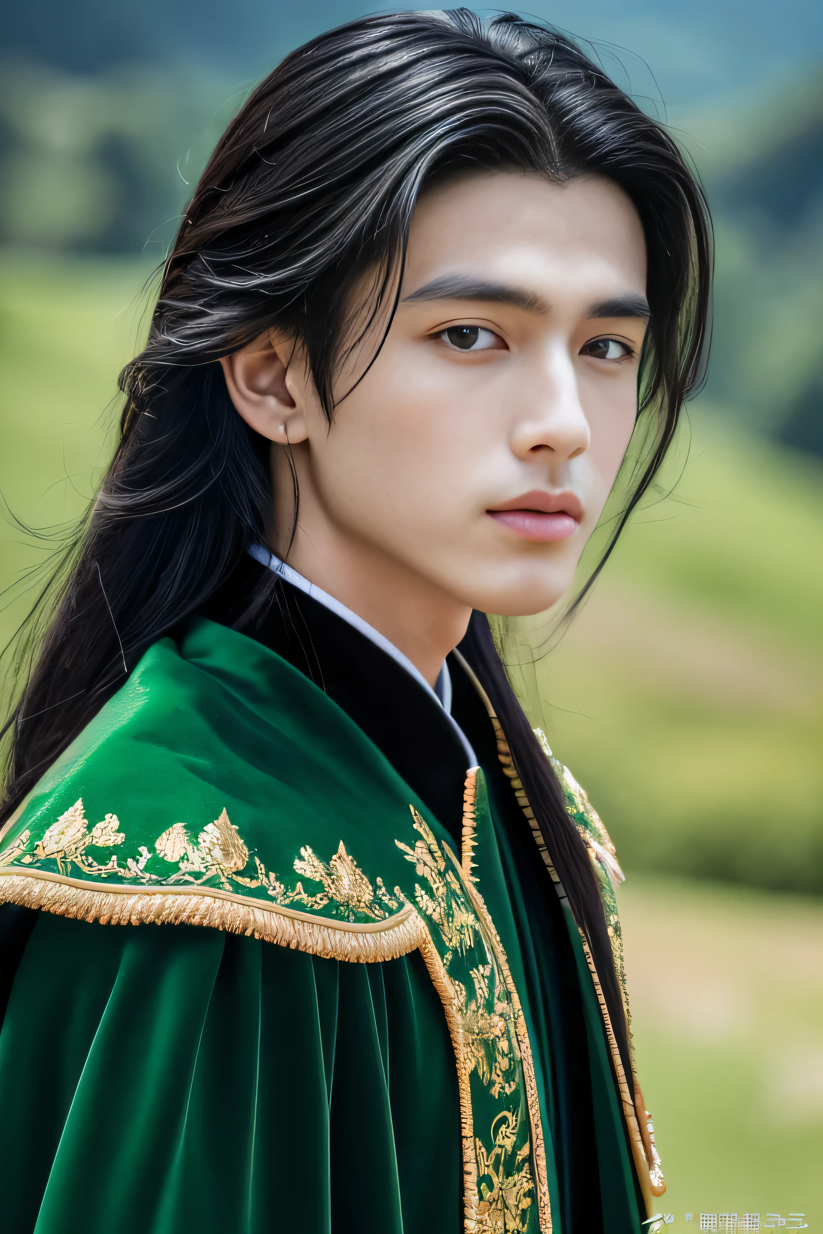 Best quality, masterpiece, ultra high res, (photorealistic:1.4), detailed face, detailed eyes, raw photo, young handsome male, black hair, ((full body)), view from top, (mountain background:1.2), perfect hands, perfect eyes, long black hair, wearing dark green long chinese clothes, dark green long cape, messy long hair, (((1 male)))