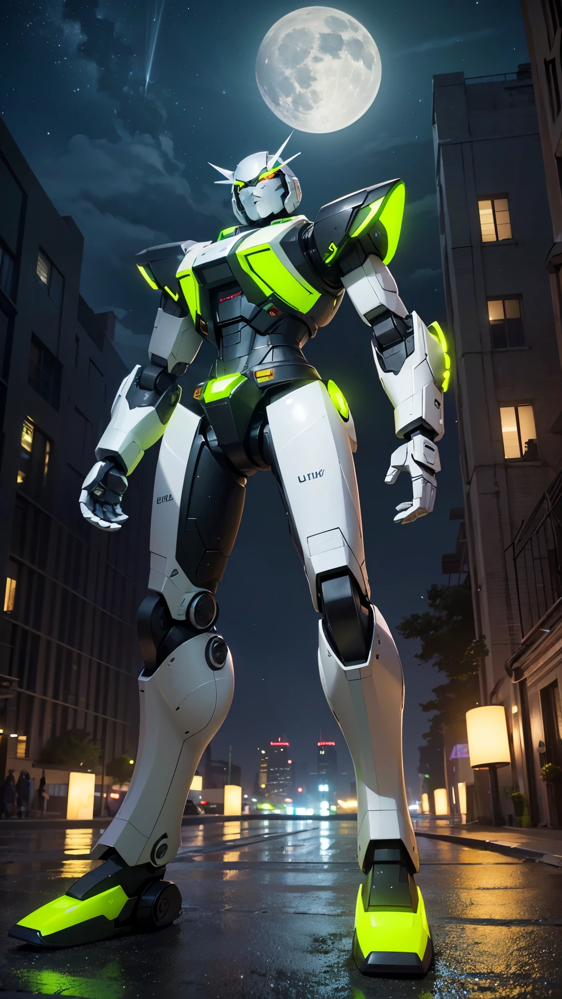(UHD, retina, masterpiece, accurate, anatomically correct, textured skin, super detail, high details, high quality, best quality, high res, 1080P, HD, 4K, 8k, 16k), studio lighting, physically-based rendering, vivid colors, (glowing, robot, mecha, realistic_mecha, science_fiction), (sky, moonlight, city, building, no_humans), (white & lime green, glowing_eyes, front_view, night:1.5),